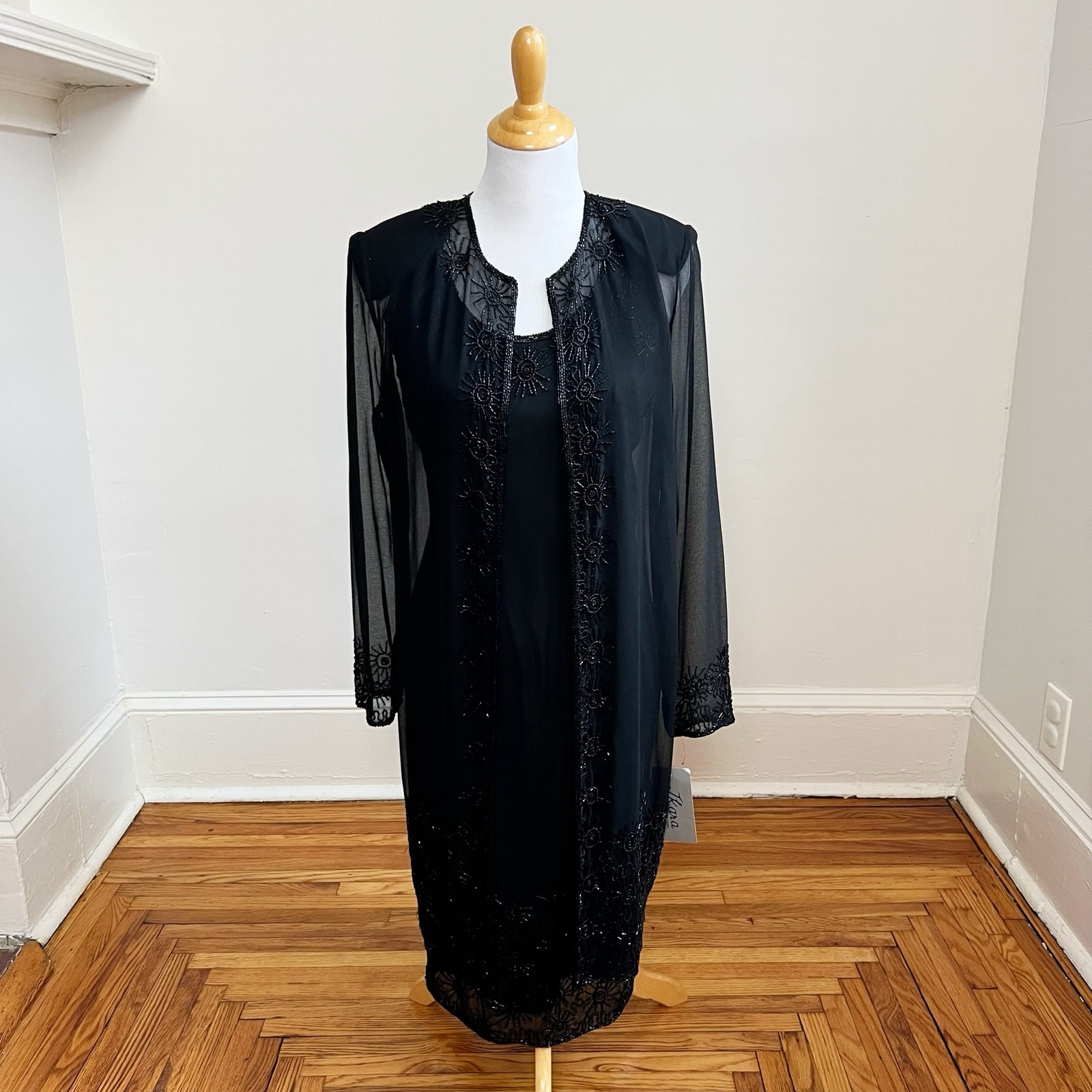 Vintage 90s NWT JKara Black Beaded Cocktail Dress and Sheer Embellished Jacket 8