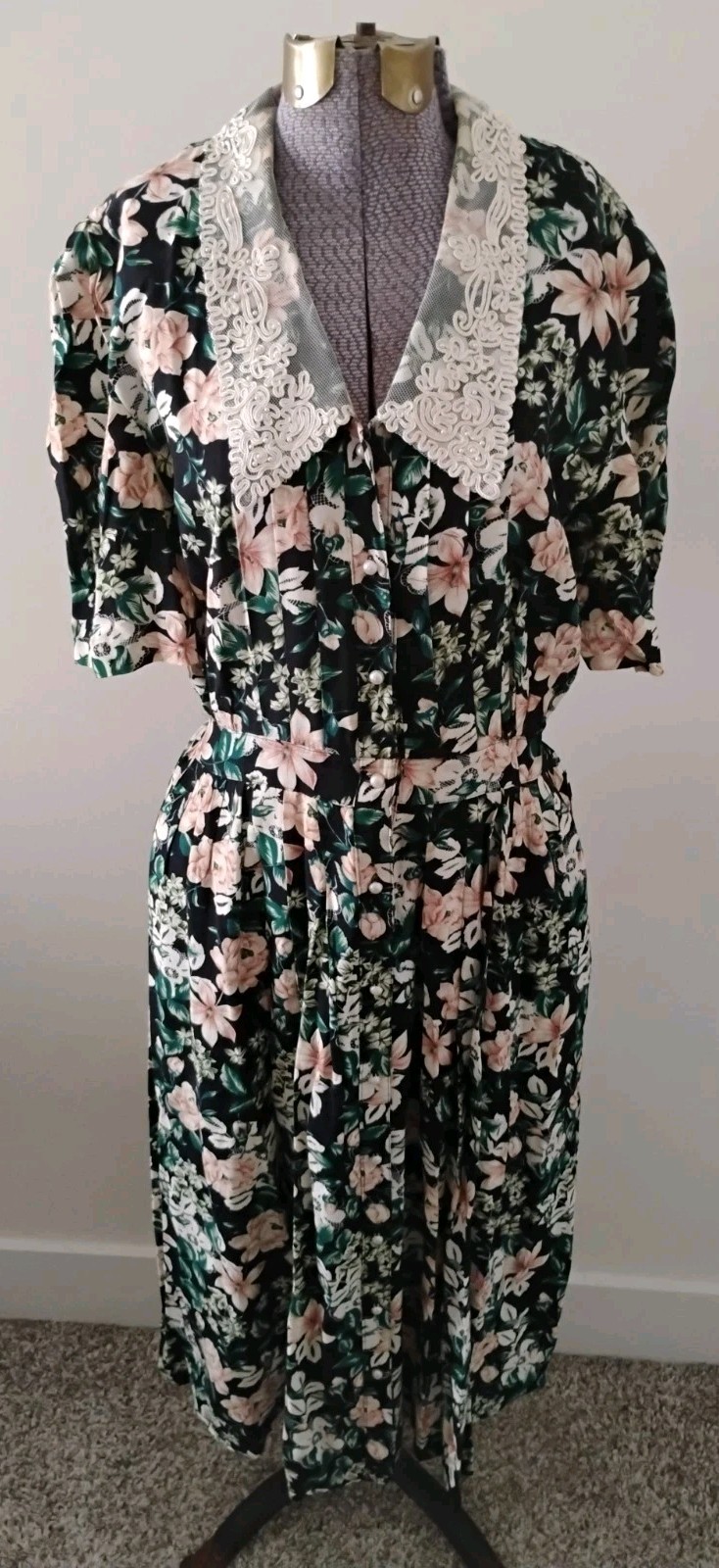 Vtg Karin Stevens Dress Blue Floral Print Lace Collar Midi Sz 8 Tea Cottagecore