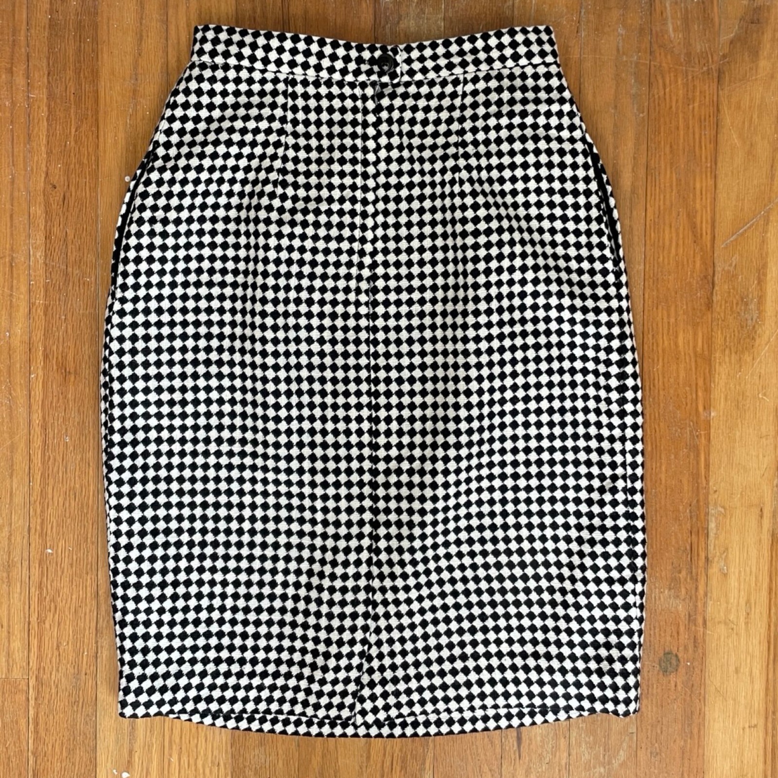Vintage Checkered Pencil Skirt Size XXS 24″ Waist 1990s Woven Rayon with Pockets