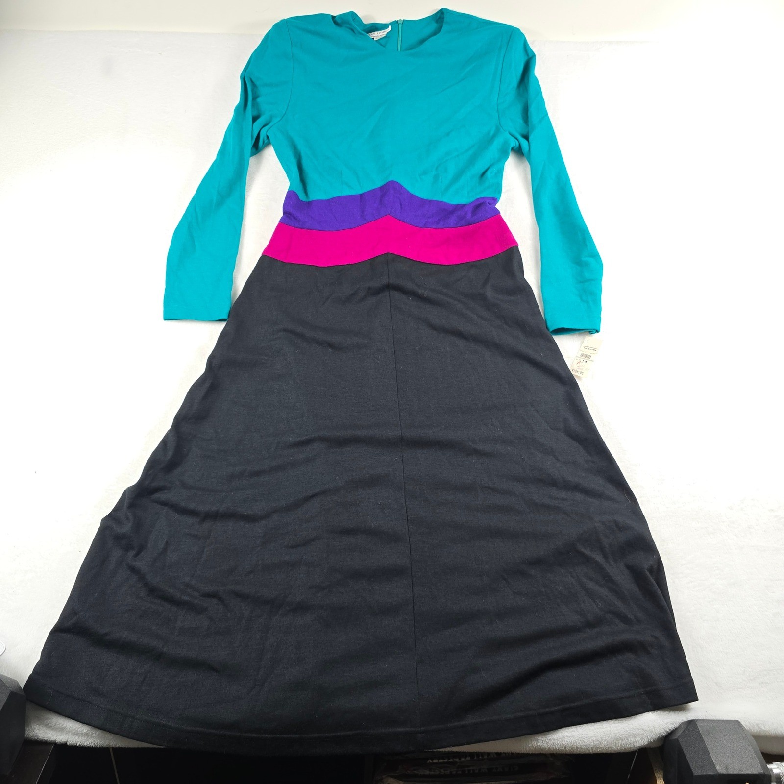 Linda Lewis Vintage 100% Wool Colorblock Maxi Dress Teal Purple Size 14 NWT