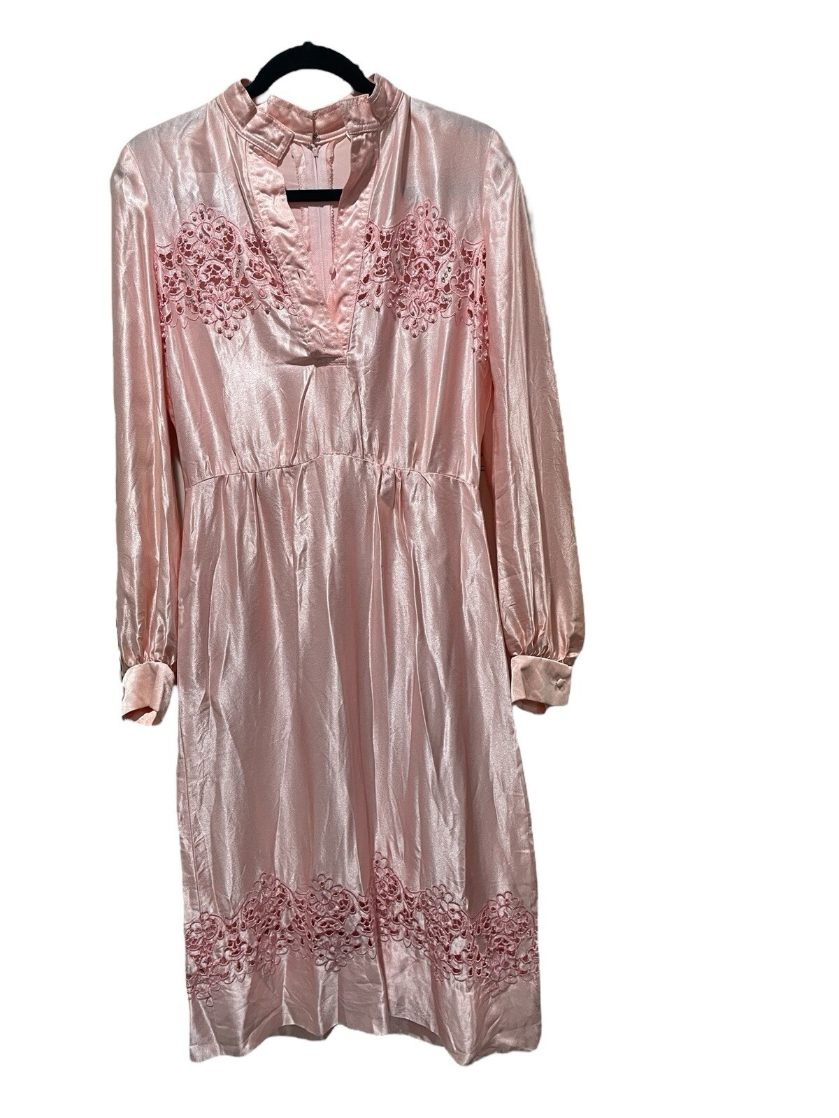 Vintage Pat Sandler 1970s Baby Pink Beaded Cut Out Accent Long Sleeve Dress M?