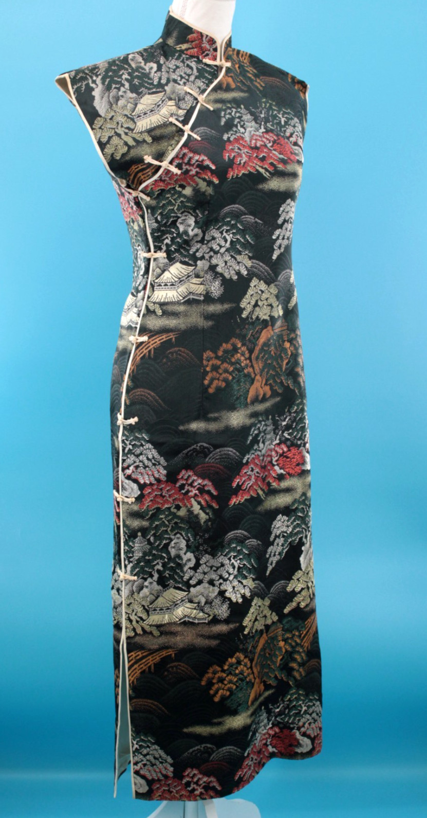 VTG Women’s 50s Black Multi Color Brocade Cheongsam Dress Sz S/M 1950s Jacquard