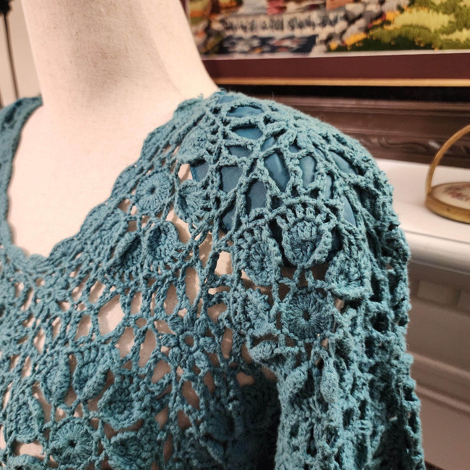 Forenza Vintage 80s Teal Crochet Tunic Lacy Openwork Floral Top Womens Medium