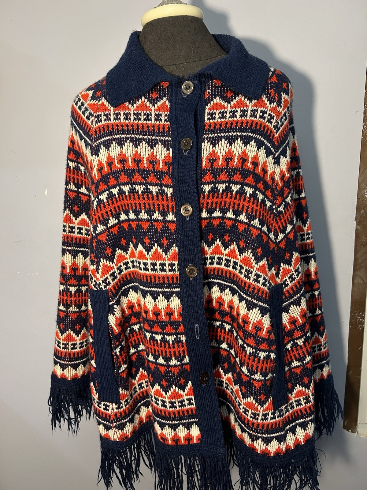 Acrylic Fiber Cape Poncho ILGWU 1960s Red, White And Blue