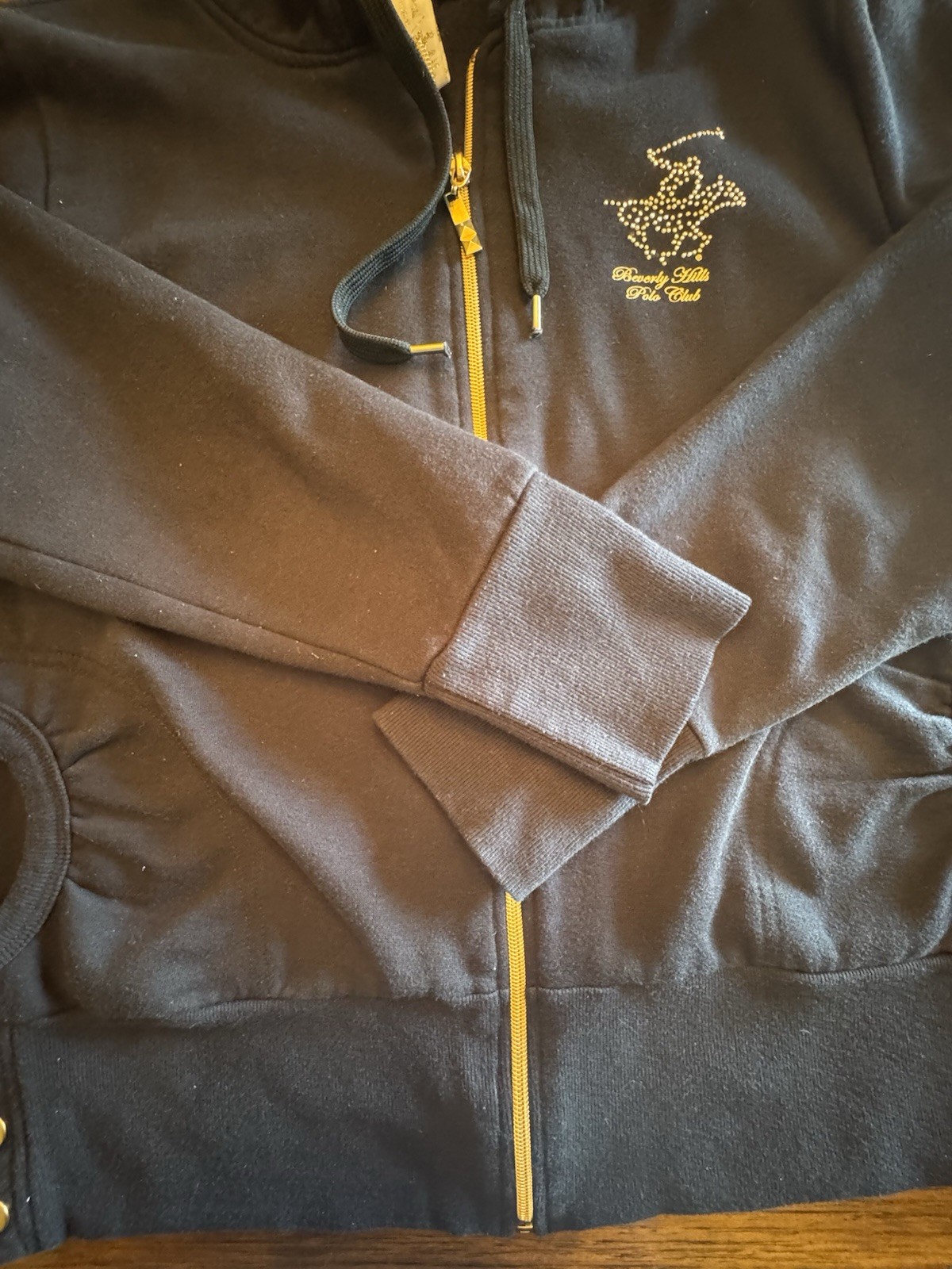 VTG BEVERLY HILLS POLO CLUB Black Velour Full Zip Hoodie Rhinestones & Pony (L)