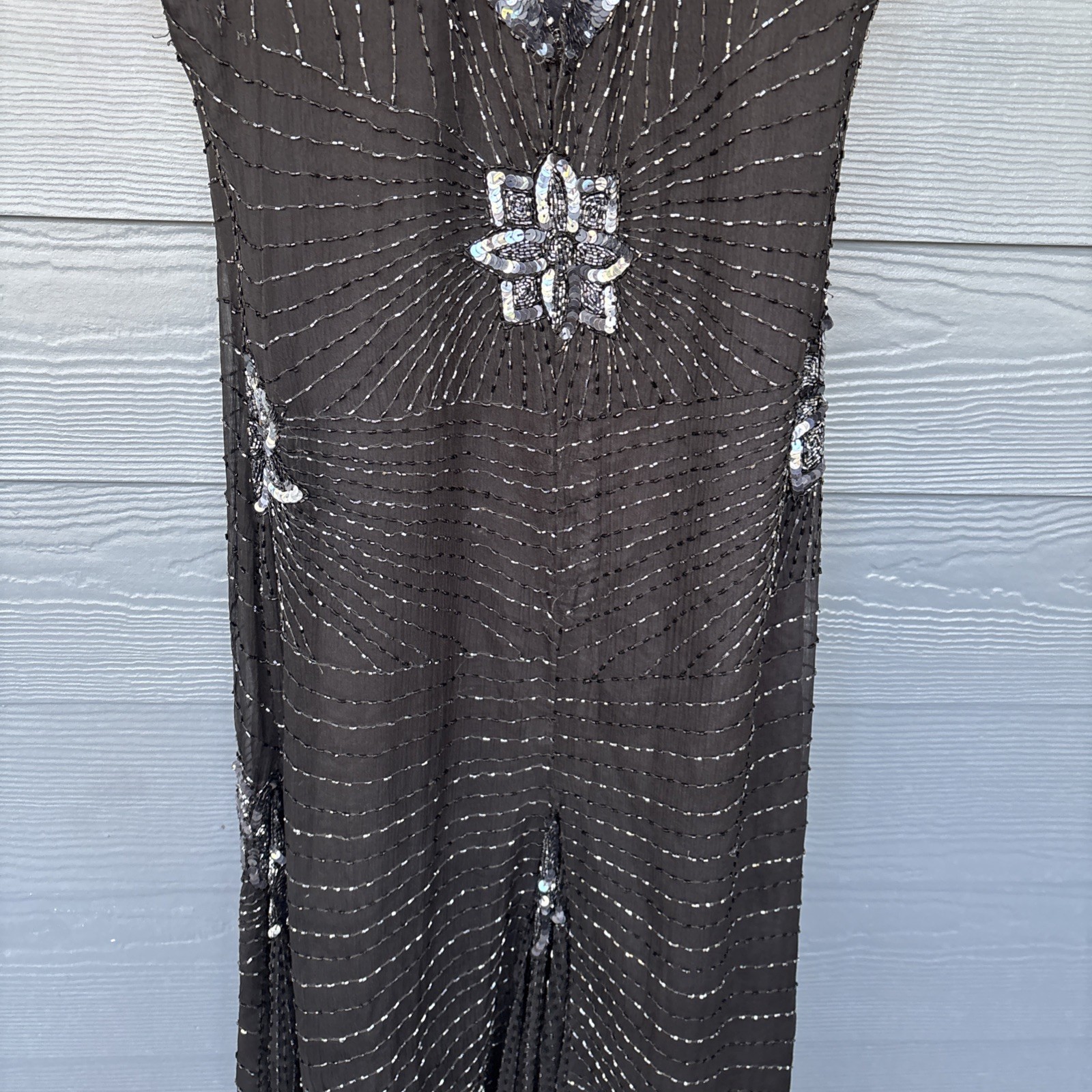 Vintage John Charles London Evening Gown Dress, Black Beaded Sequins, Size US-6