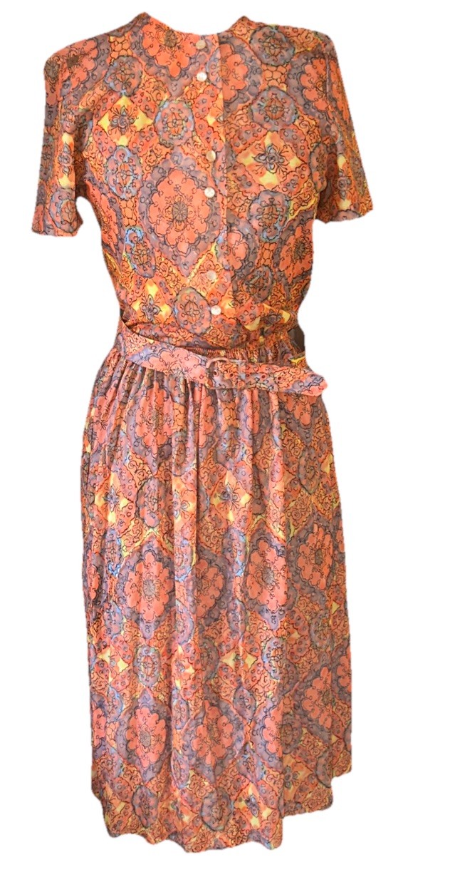 Vintage All Ace Tate Love Of California dress Orange, Yellow, Blue w/ Belt Sz 14