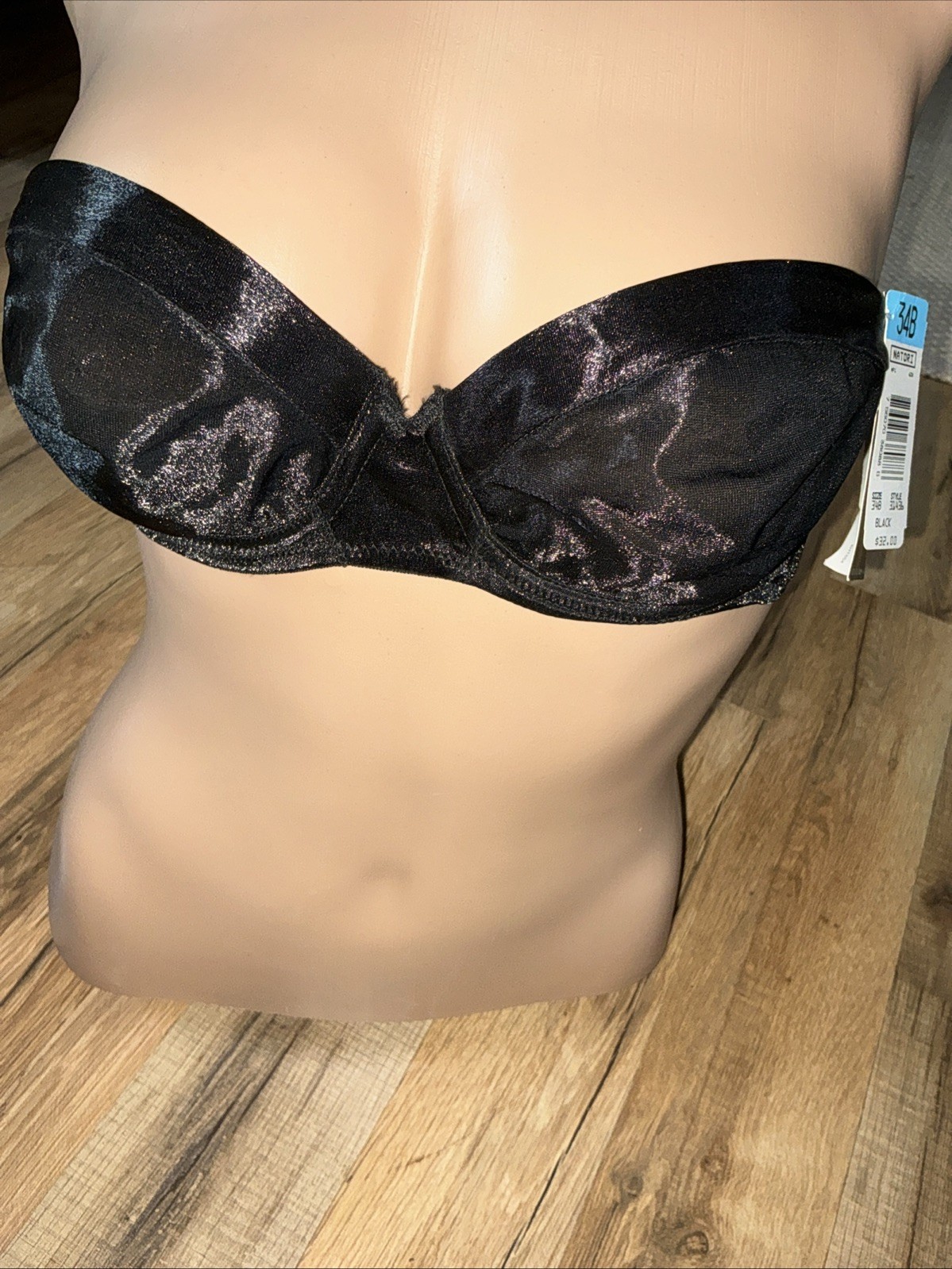 VTG Natori Shiny Black Unlined 31436 UW Strapless Bra Sz 34B Store Tag Attached