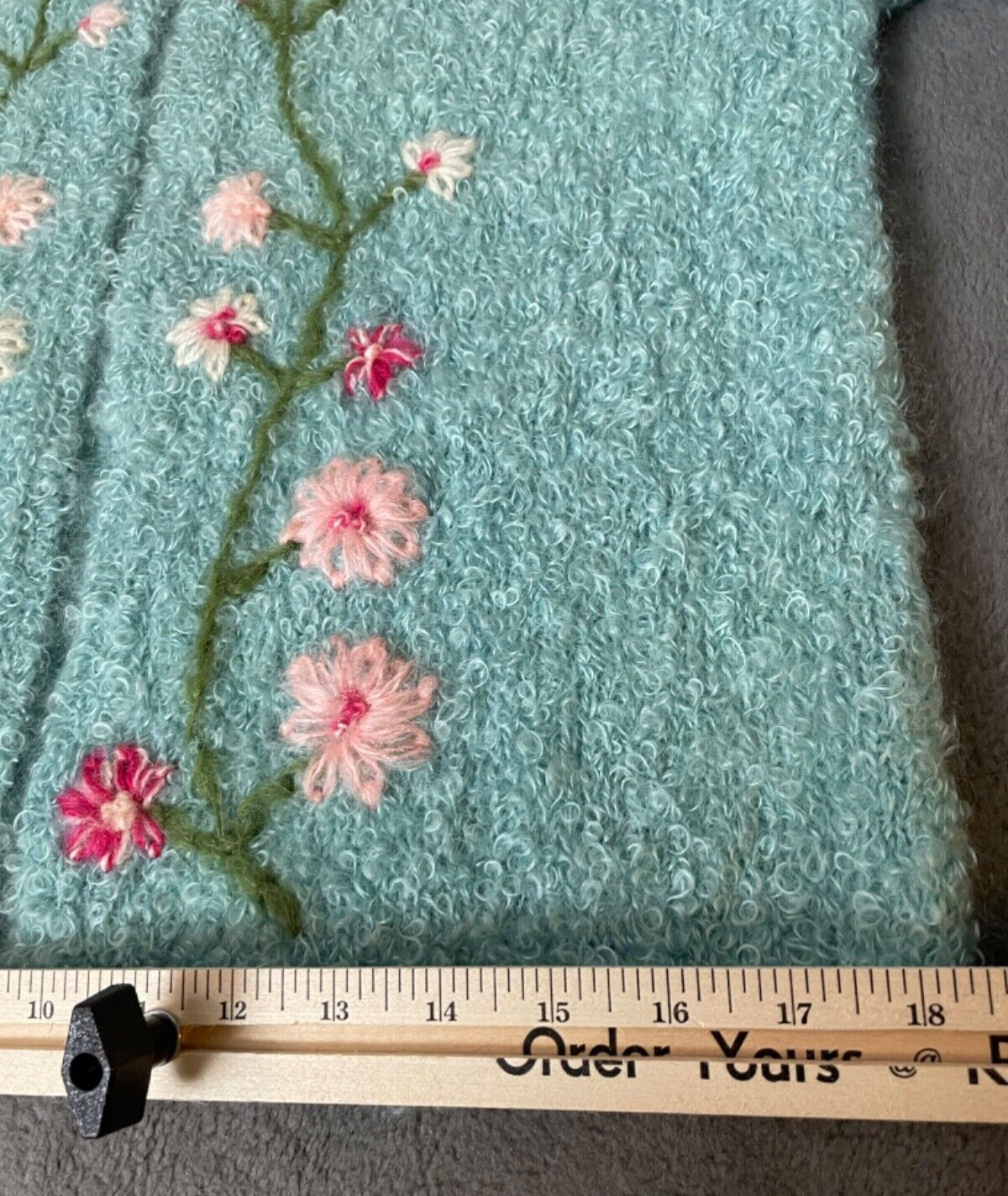 VTG Artisan Made Hand Knit Cardigan Sweater Womens S/M Aqua Pink Floral Nubby