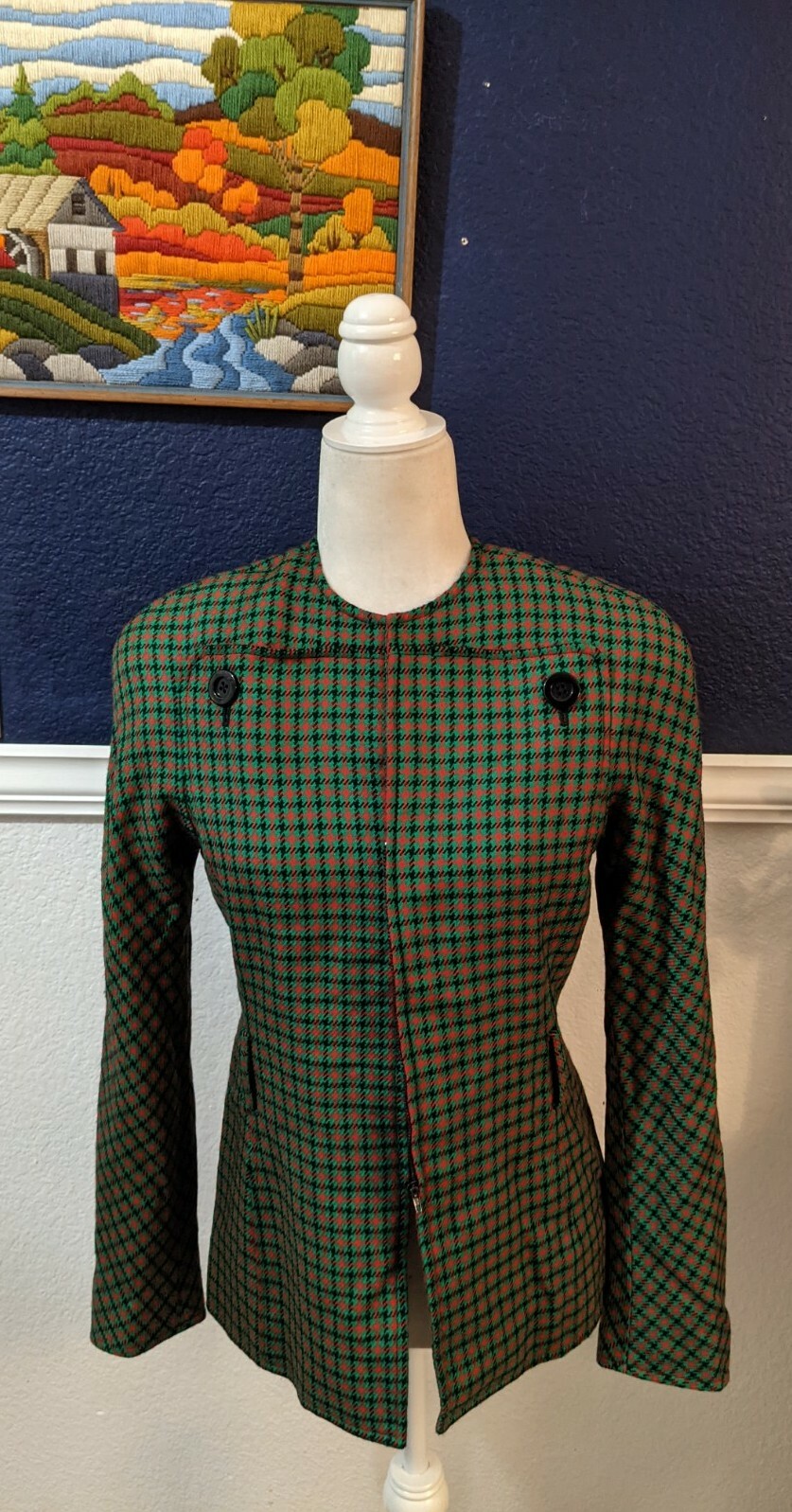 VTG Carlisle Green Red Plaid Collarless Blazer Jacket 100% Wool Sz 6 Small S