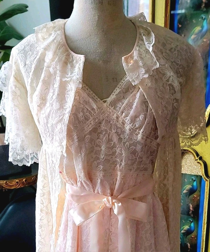 Vintage Aristocraft By Superior Lace Lingerie Robe+Nightgown Peignoir 2pc Sz 32