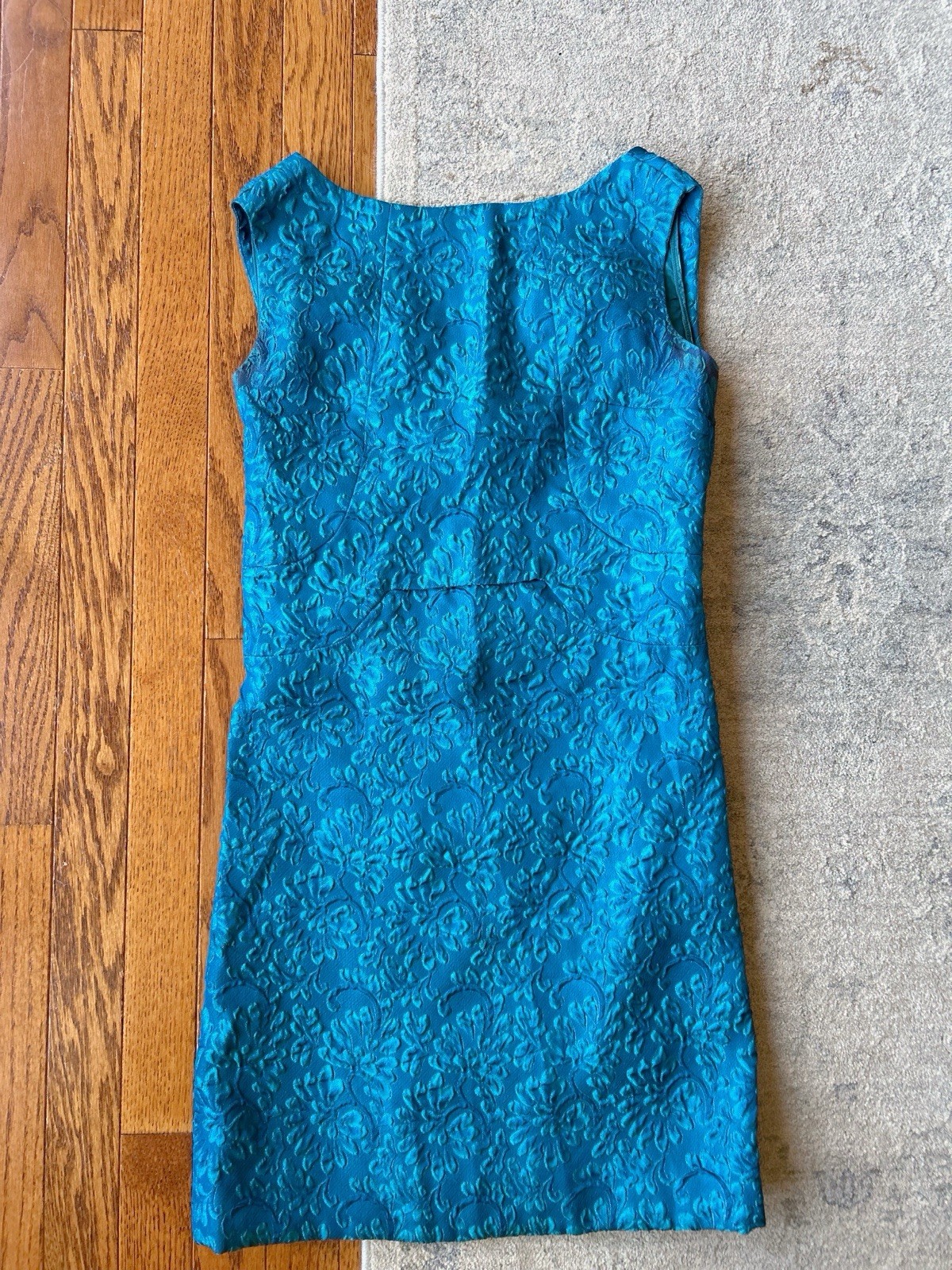 Vintage 1970s Dress Jacquard Blue Mini XS Floral Embossed