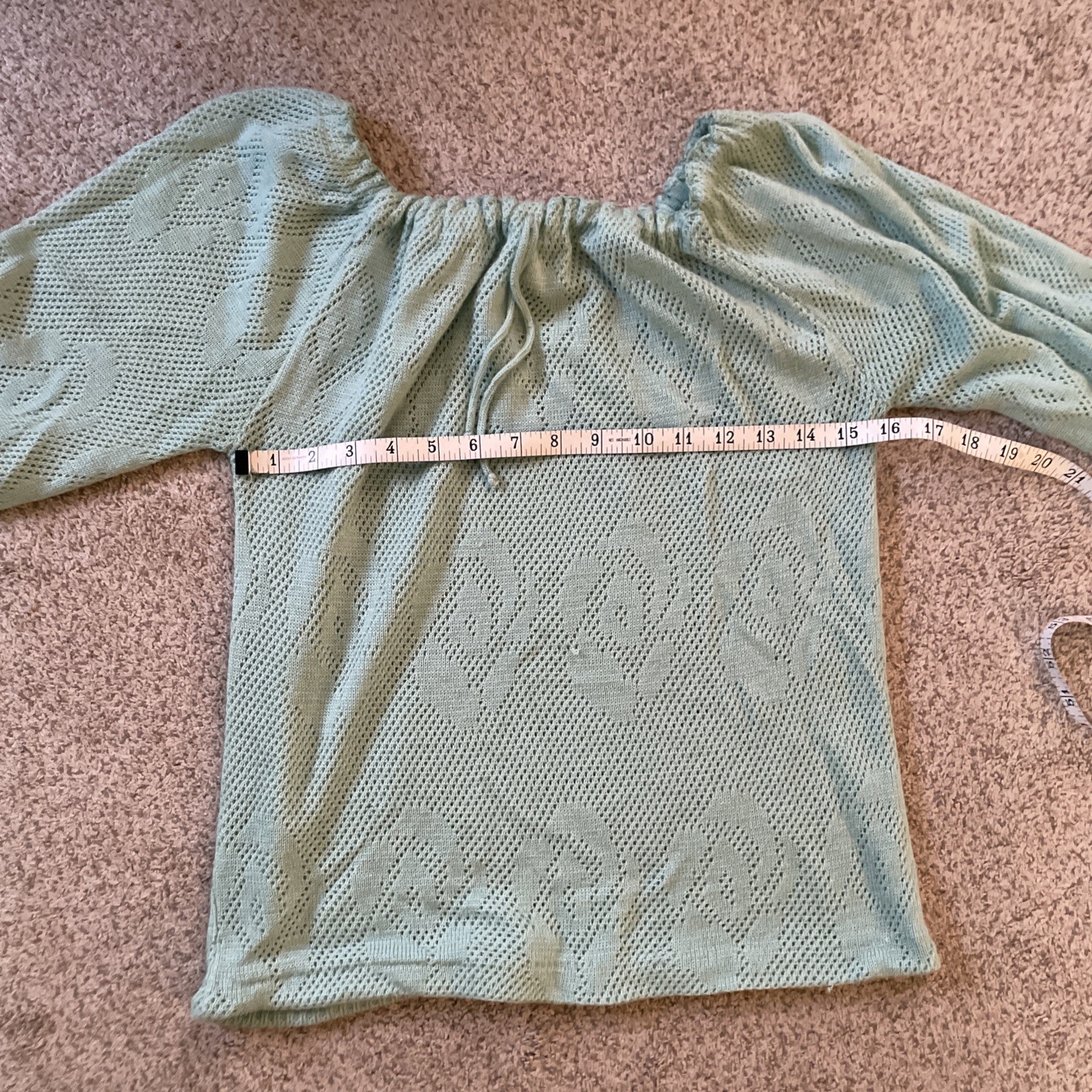 Vintage Garland 80s 3/4 Length Sweater Mint Green Roses Sheer Light Small Xs