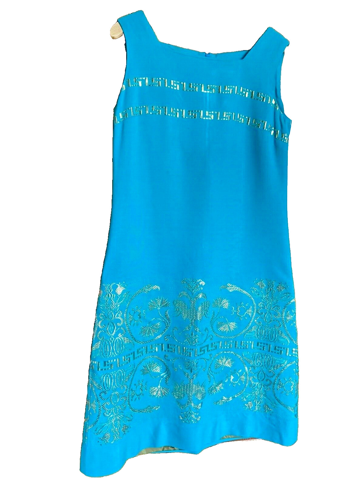 Vintage 60’s Turquoise Mod Shift Dress, Women’s 8-10 Gold embroidery GoGo