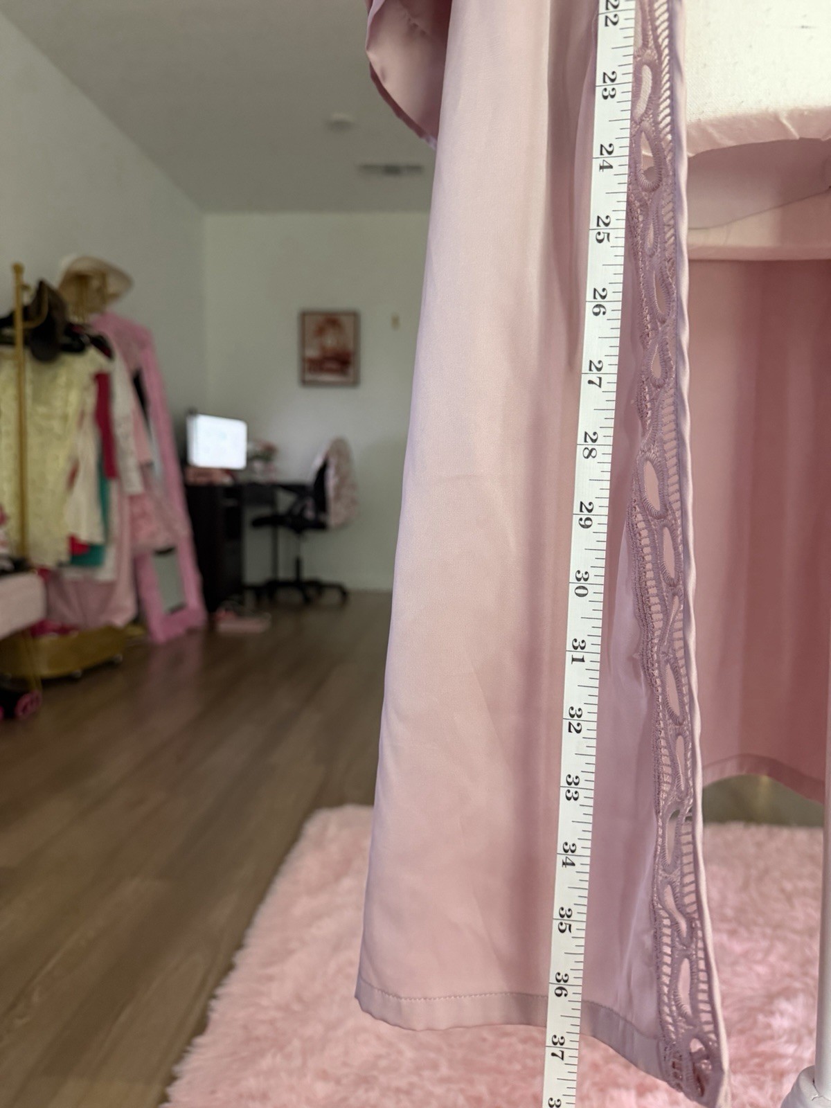 Vintage Pink satin robe with lace trim and diamond-shaped lace panel on the back