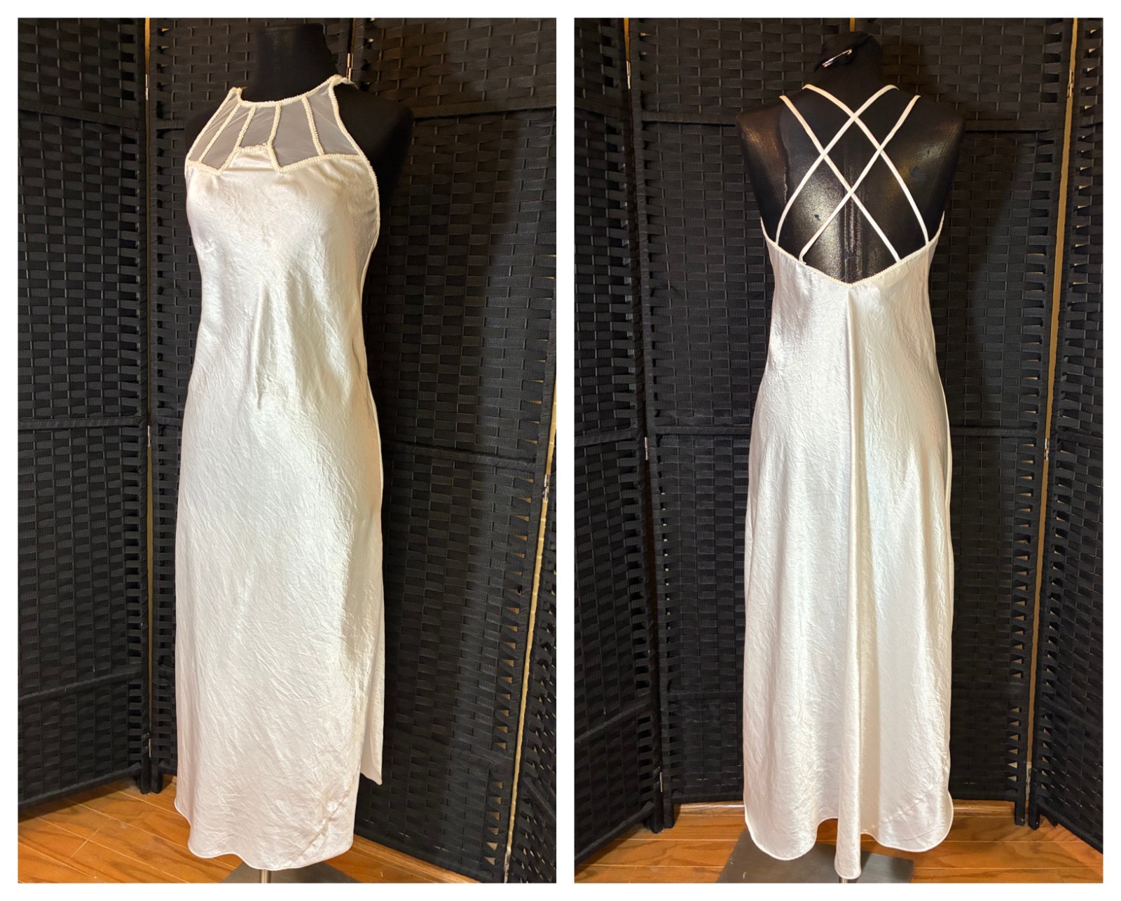 Vintage VICTORIA’s SECRET Ivory LONG NIGHTGOWN Small HALTER BACKLESS Gold Label