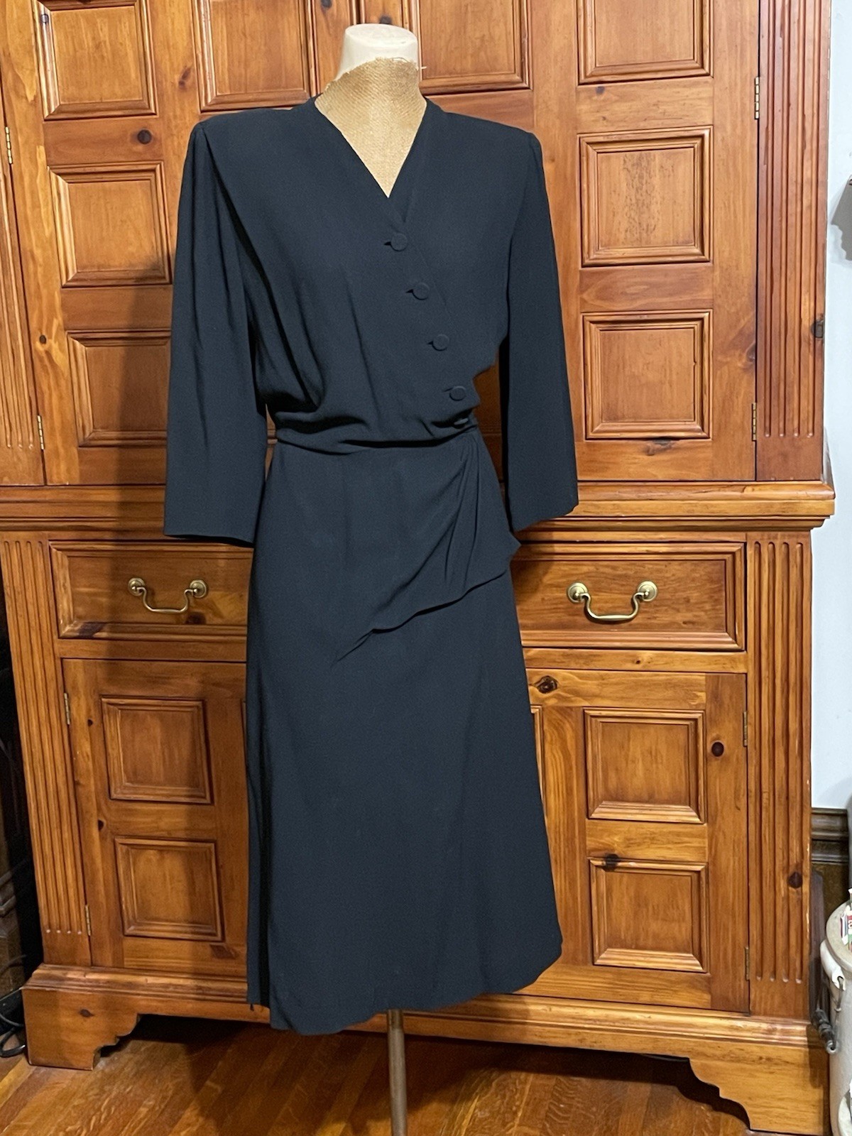 Vintage 40’s Design By Adele Simpson Black Crepe Dress w/Peplum WW2 Era 29w
