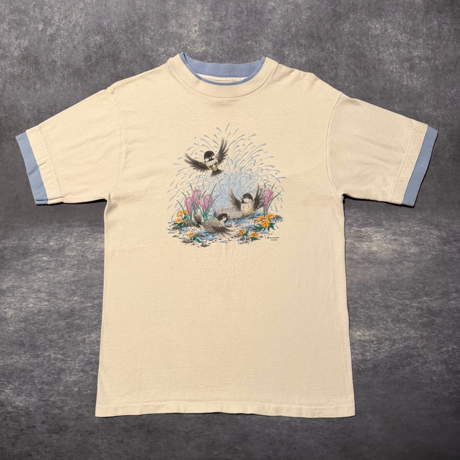 Vintage Morning Sun Birds Ringer T Shirt Womens Medium Cream Blue Made in USA