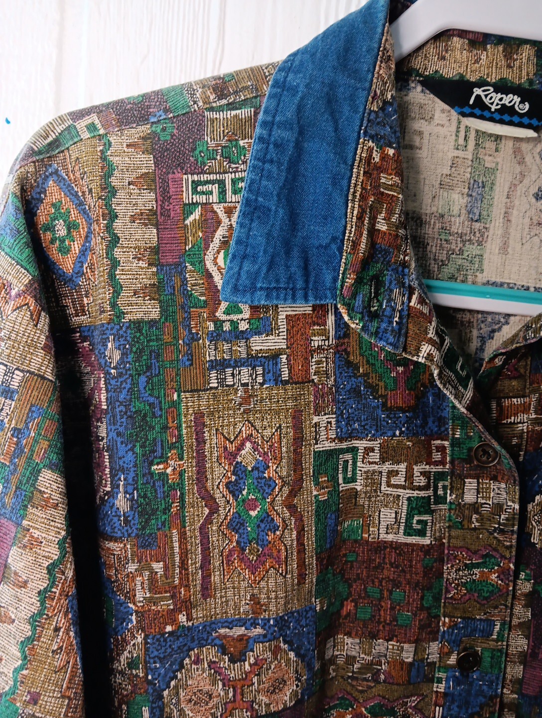 Vtg ROPER Women 12 Aztec Southwestern Wear Long Sleeve Shirt Rodeo Denim Collar