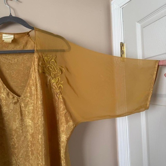 Vintage 80s Yellow Gold Nightgown Mini Dress Paisley Filigree Sheer Long Sleeve