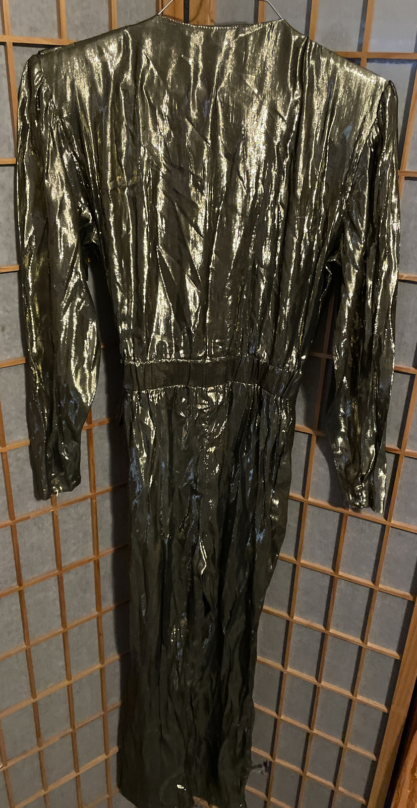 Vintage Anna Kriste Gold Lame Metallic Jumpsuit Long Sleeve Wrap Waist Size 6P