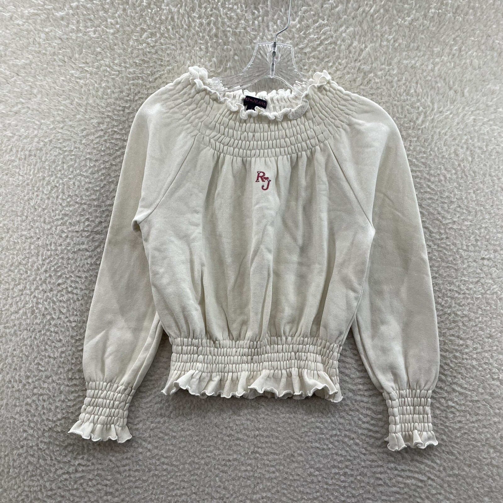 Y2K Vintage Japanese Top Small White Off Shoulder Glittery Smocked Long Sleeve