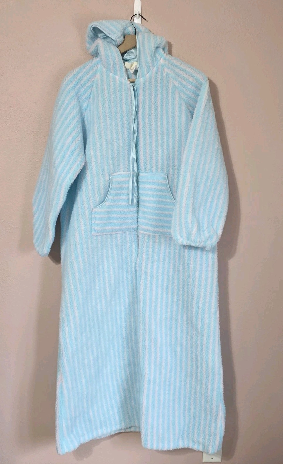 Borg Womens Vintage 60s Hooded Teddy Fleece Plush Zip Front House Coat Size Med