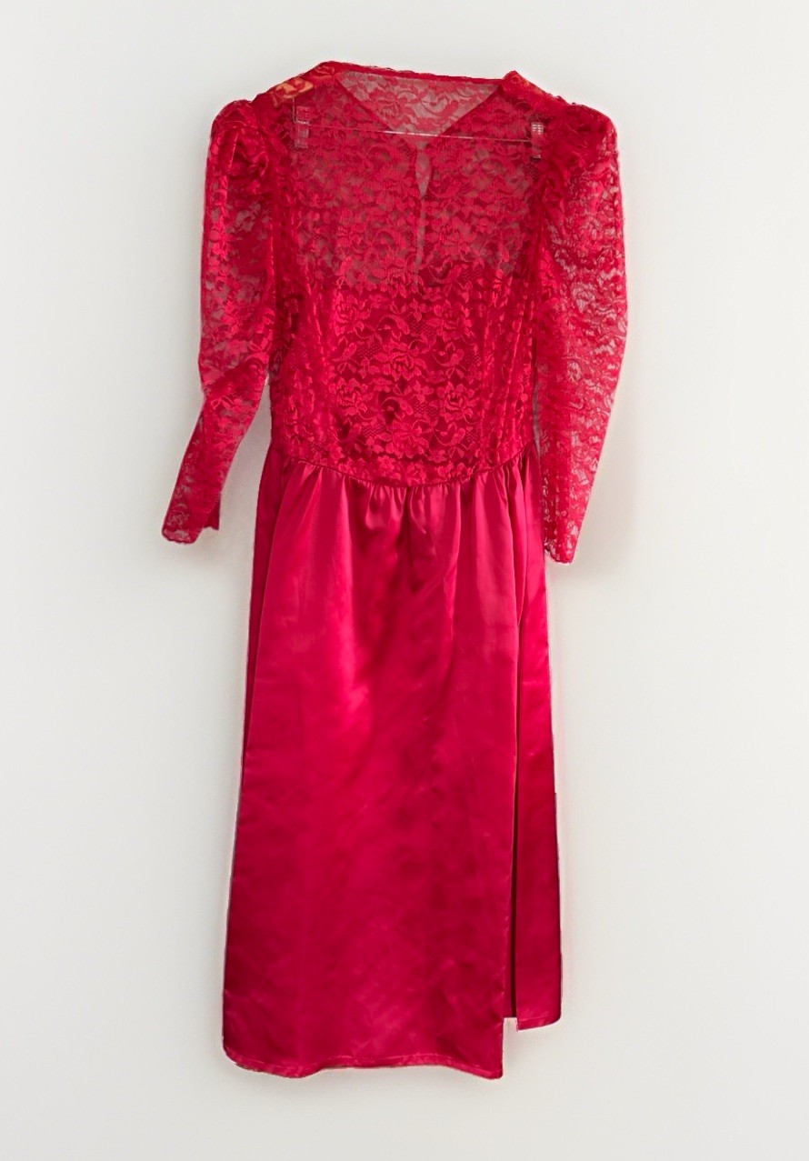 Vintage 80s Lace Satin Formal Dress Puff Sleeve Red Prom Homecoming Wedding READ
