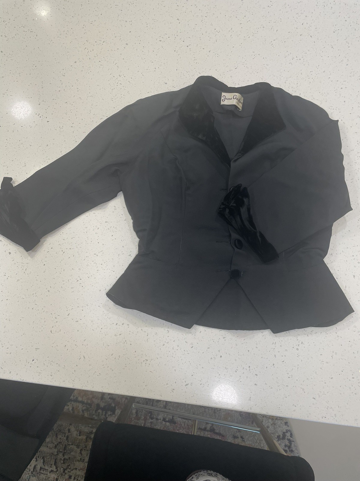 Vintage Jane Andre California jacket with skirt. Black with velvet trim.