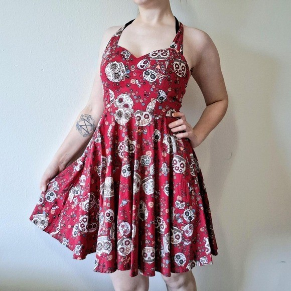 Hell Bunny Red Sugar Skull Halter Swing Dress S M