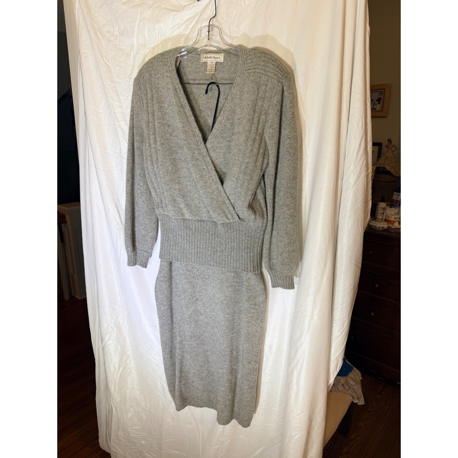 Michelle Stuart Vintage Gray Lambswool Angora Knit Sweater & Skirt Set Womens M