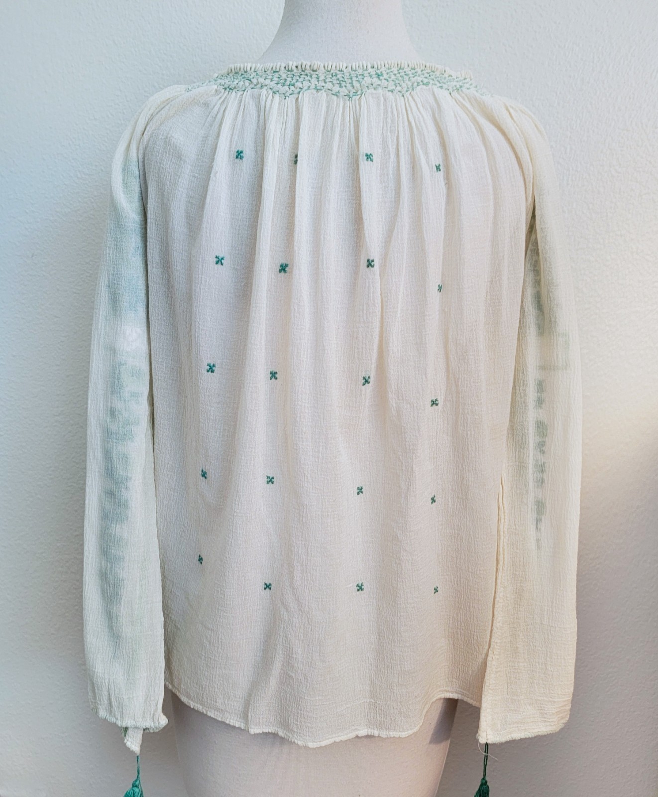 Vtg Authentic Hungarian Hand Sewn Floral Embroidered Long Sleeve Peasant BLOUSE