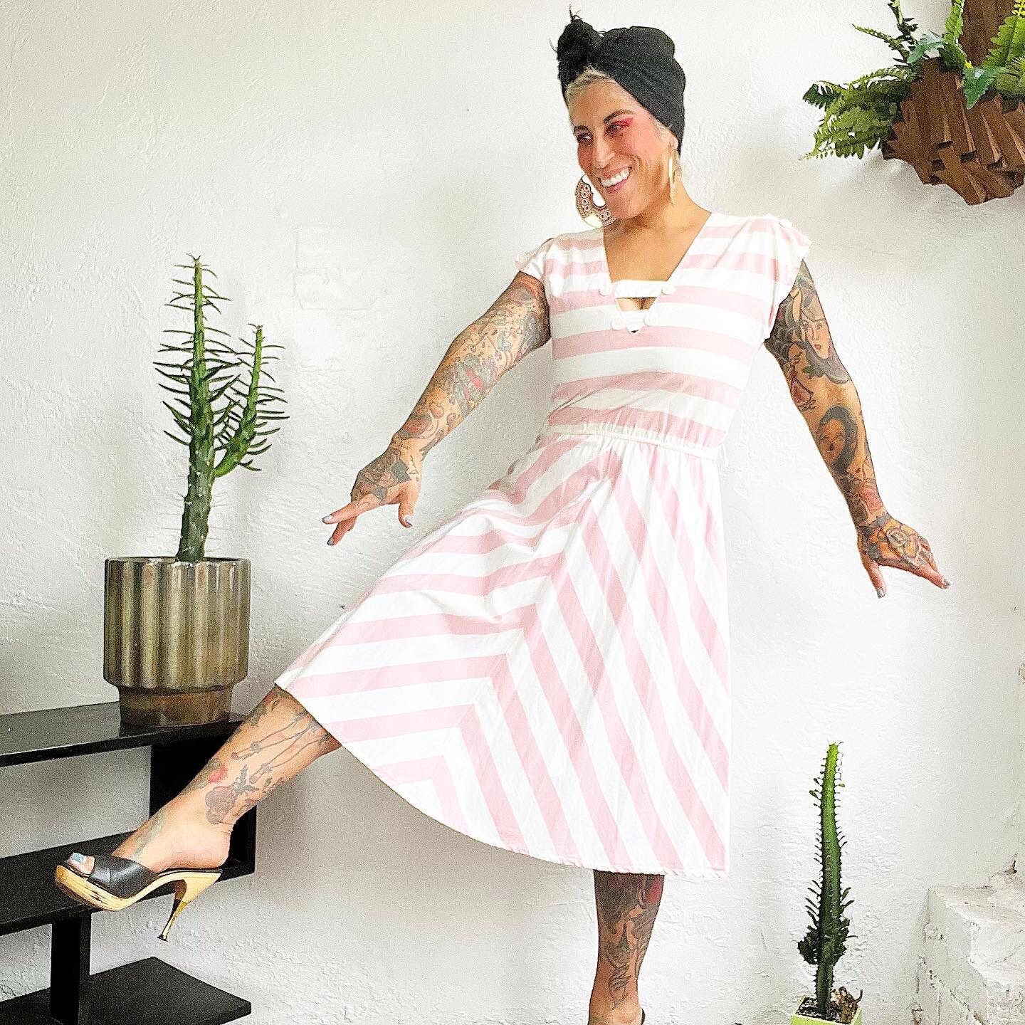PINK & WHITE 1980’s 80s Vintage Chevron Cotton Striped Sailor Dress Sundress S M
