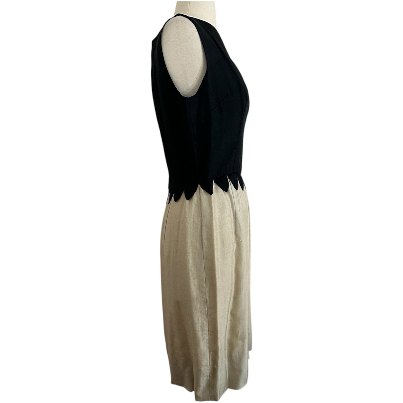 Vintage 60s Jay Herbert Silk Dress Sz XS/S Black Cream Gold Cocktail Knee Length