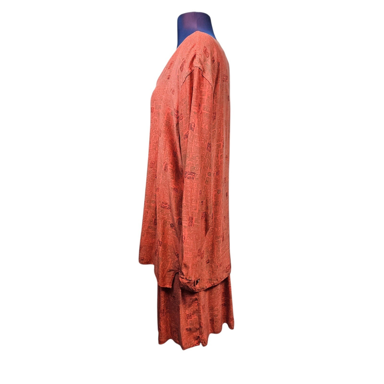 Vintage Silk Terracotta Mayan Glyph Print Tunic & Culottes 2 Piece Set Womens
