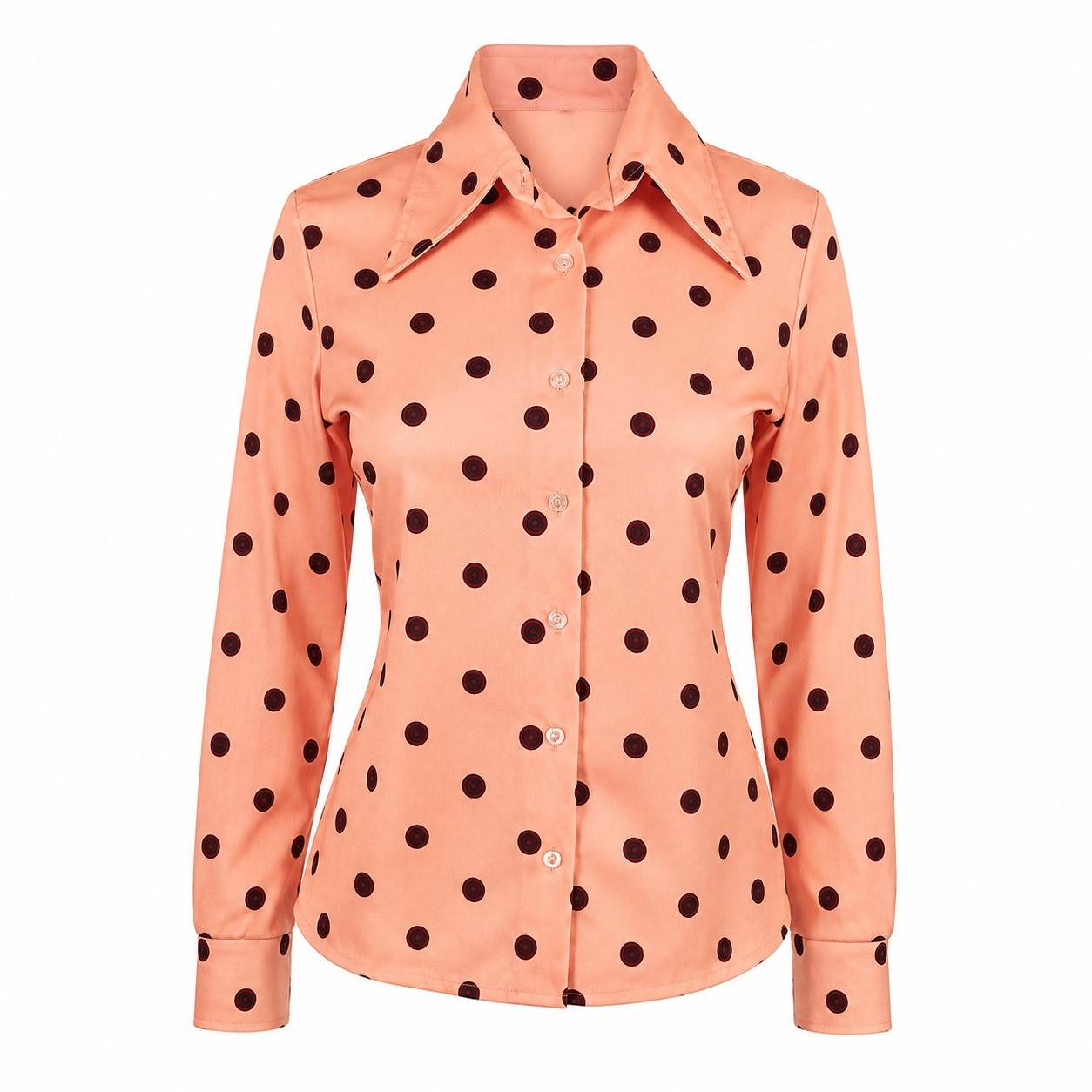 Vintage DeVon Peach Polka Dot Disco Blouse Point Collar Mod Secretary Top Size S