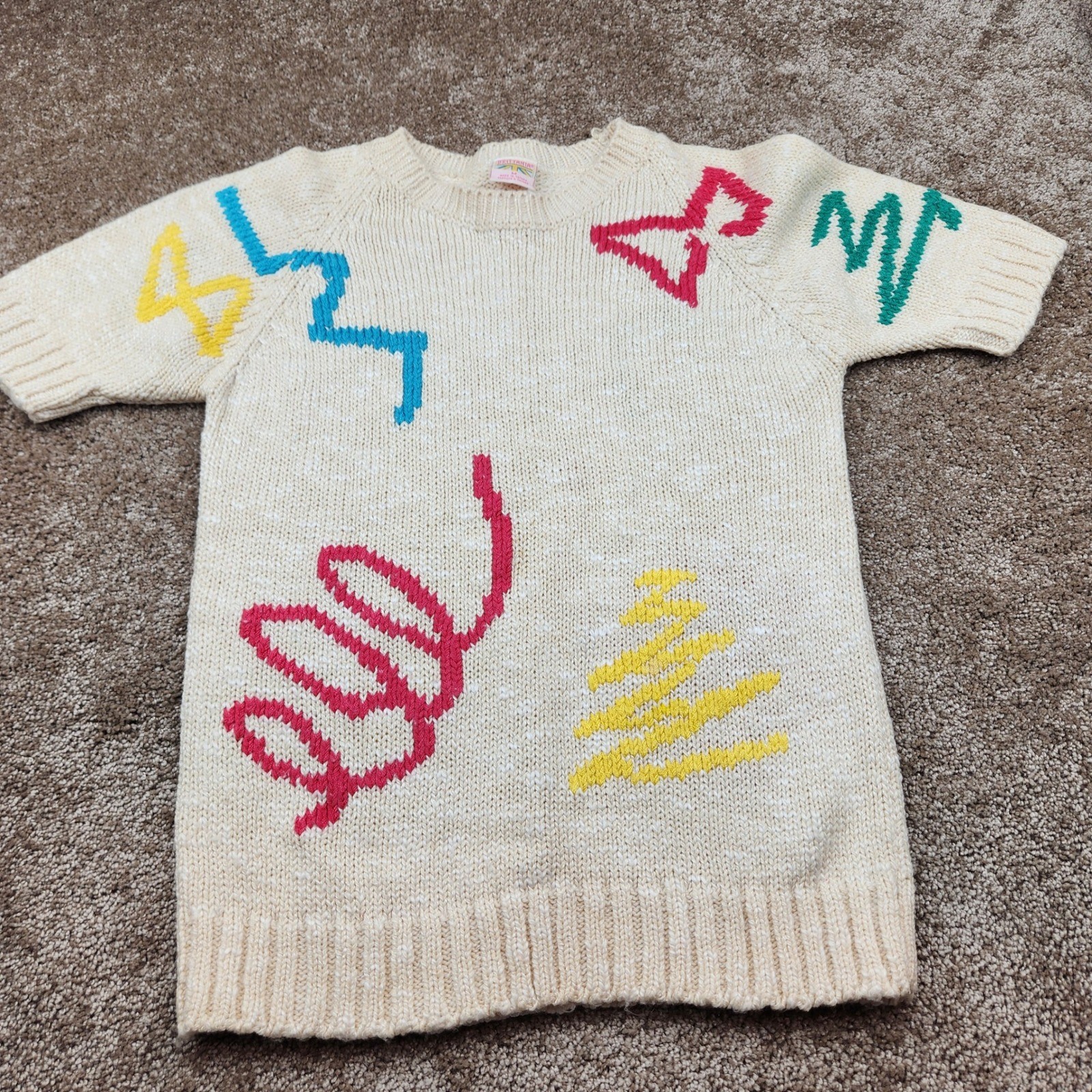 Vintage Brittania 80s Short Sleeve Sweater Cream Abstract Geometric Squiggles M