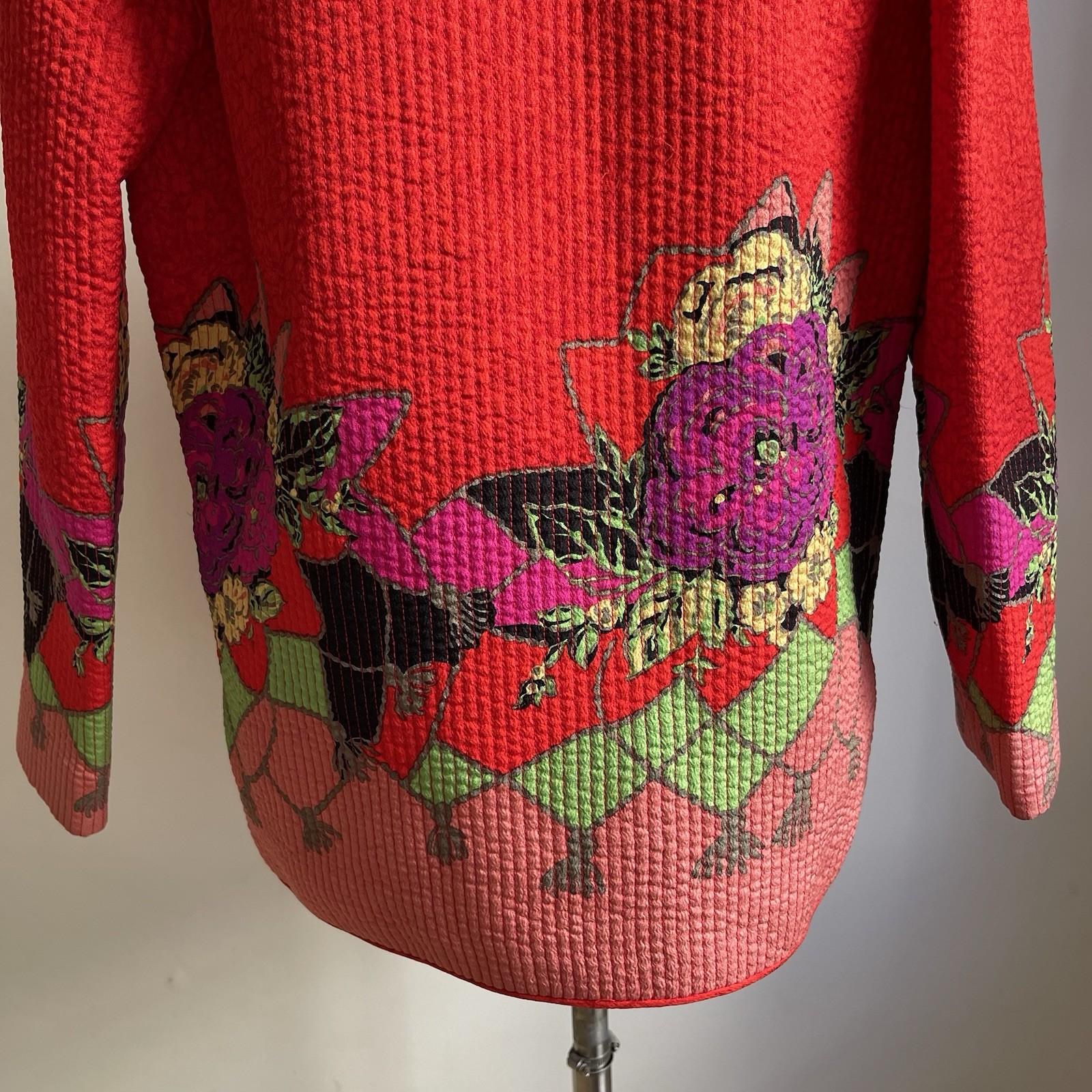 Vintage 1980s Aurora Ruffolo Quilted Jacket Wool Crepe Red Floral Button Medium