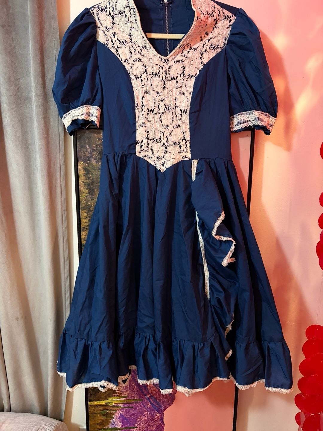 Vintage 1970s/80s Prairie Style Dress in Navy Blue with Cream Lace Overlay