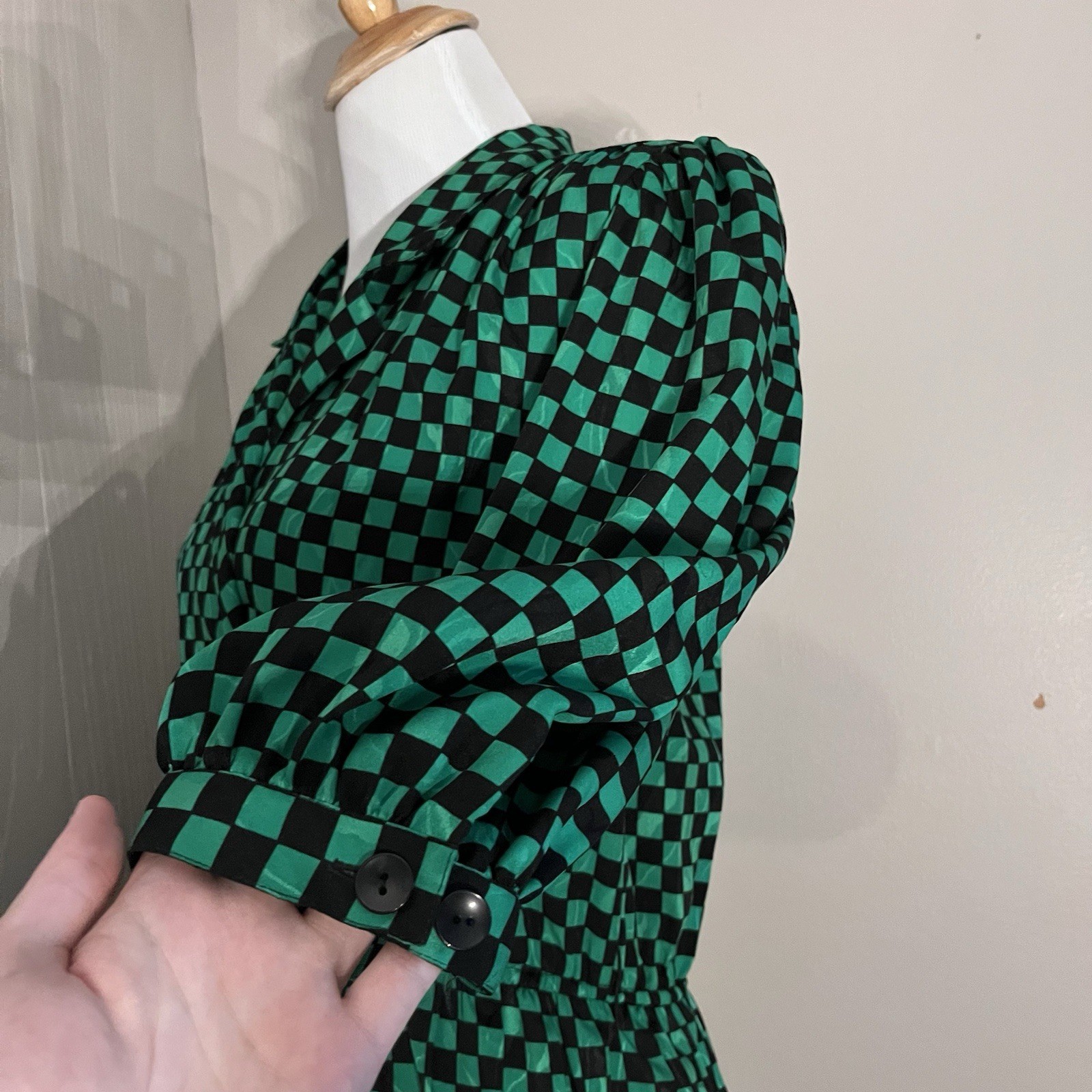Jaymee Papell Vintage 80’s Green Checkered Dress Cinch Waist Sz 6