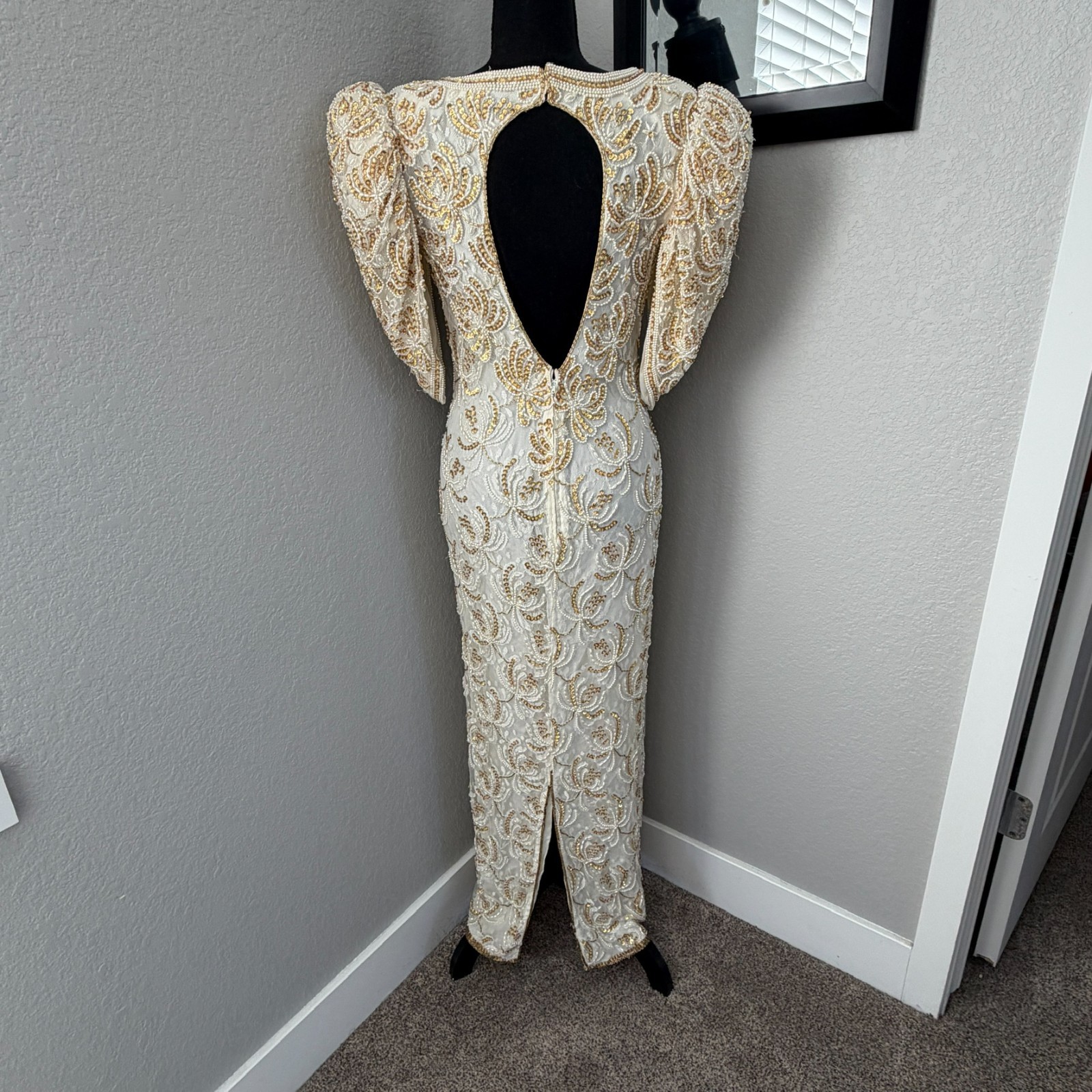 VINTAGE 80s Judith Ann Creations Ivory Gold Beaded Sequin Gown Dress Small