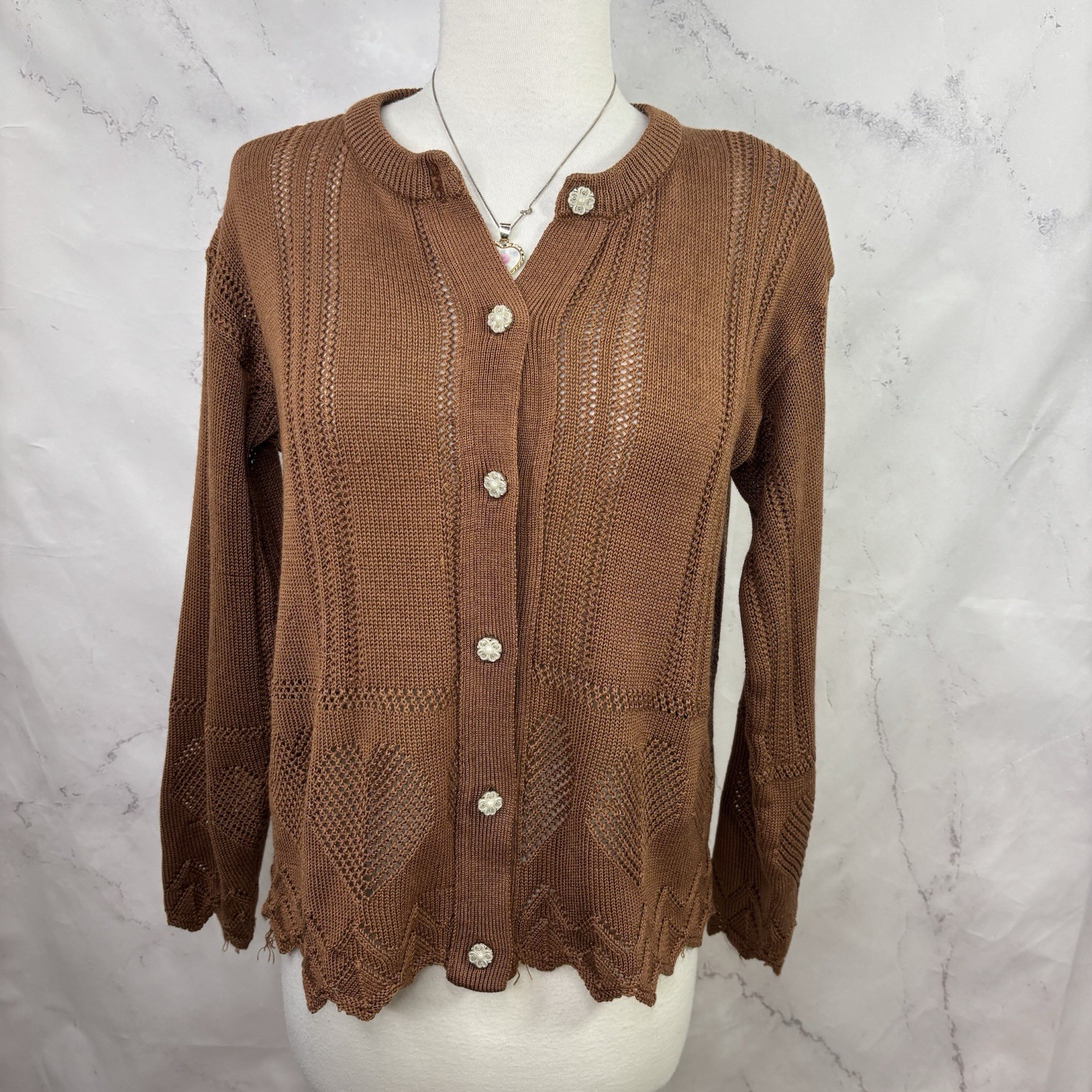 VTG 60s Heart Pointelle Knit Cardigan Brown Scalloped Hem Pearl Cottagecore M