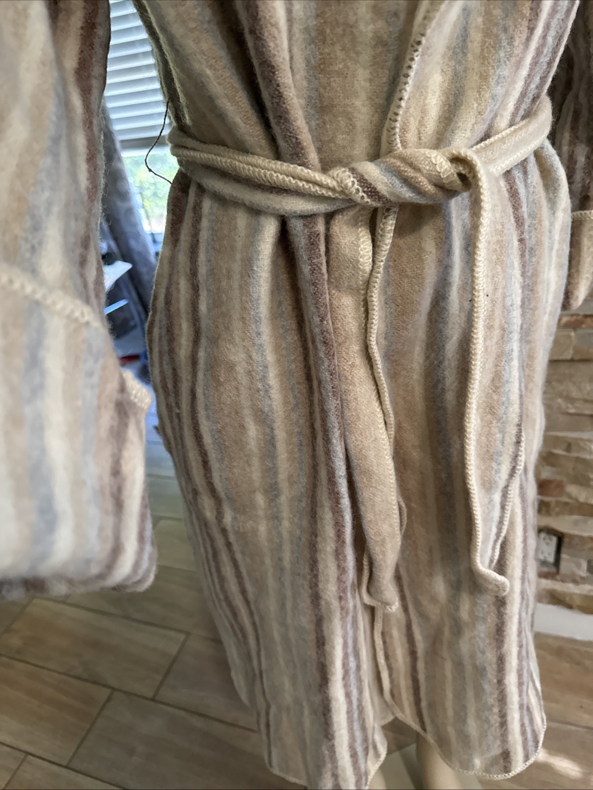 Vintage 70s Casa de Lana Wool Striped Hooded Coat Tie Sz 7 HTF pl