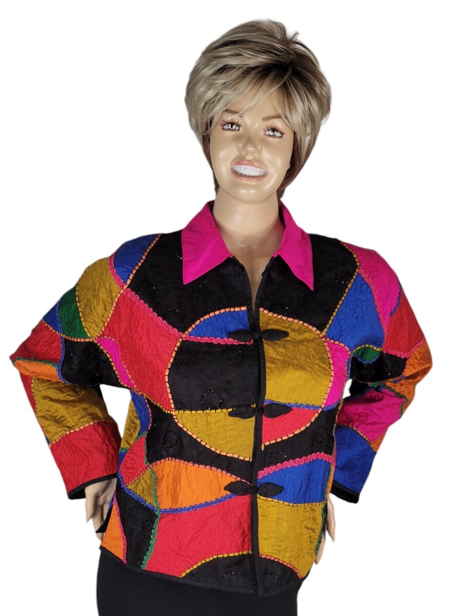 Vintage 90s Anage Beaded Colorful Patchwork Maximalist Boho Art To Wear Jacket M