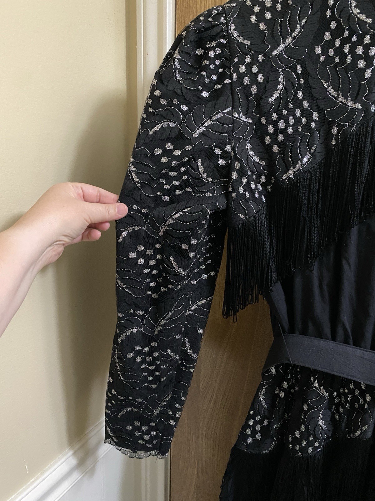 Vintage Lilia Smitty Western Dress Black Silver Fringe Size 11/12 Lace Rodeo