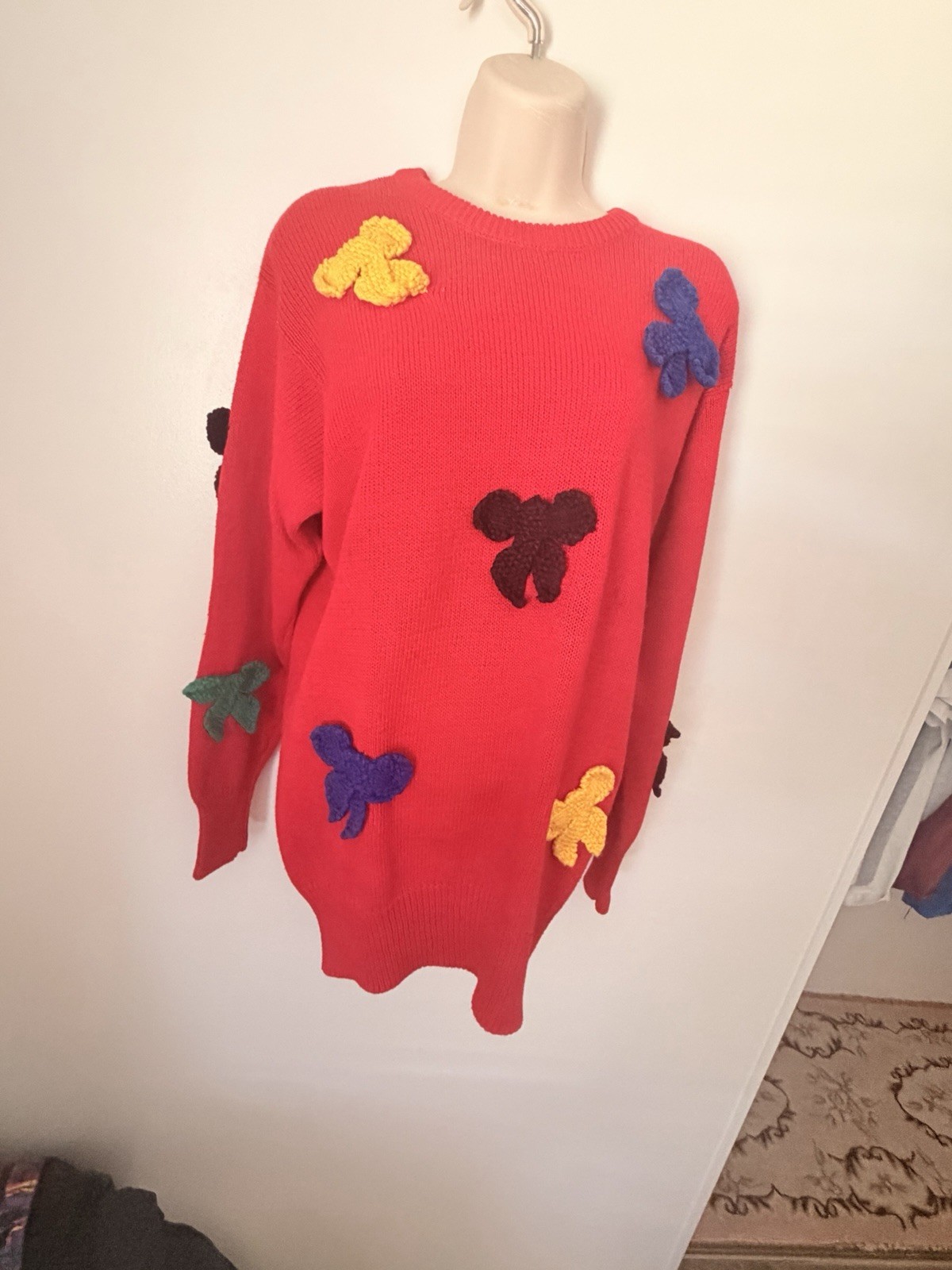 I.B. Diffusion Red Knit Sweater Floral Applique Boho Pullover M Rainbow Bowties