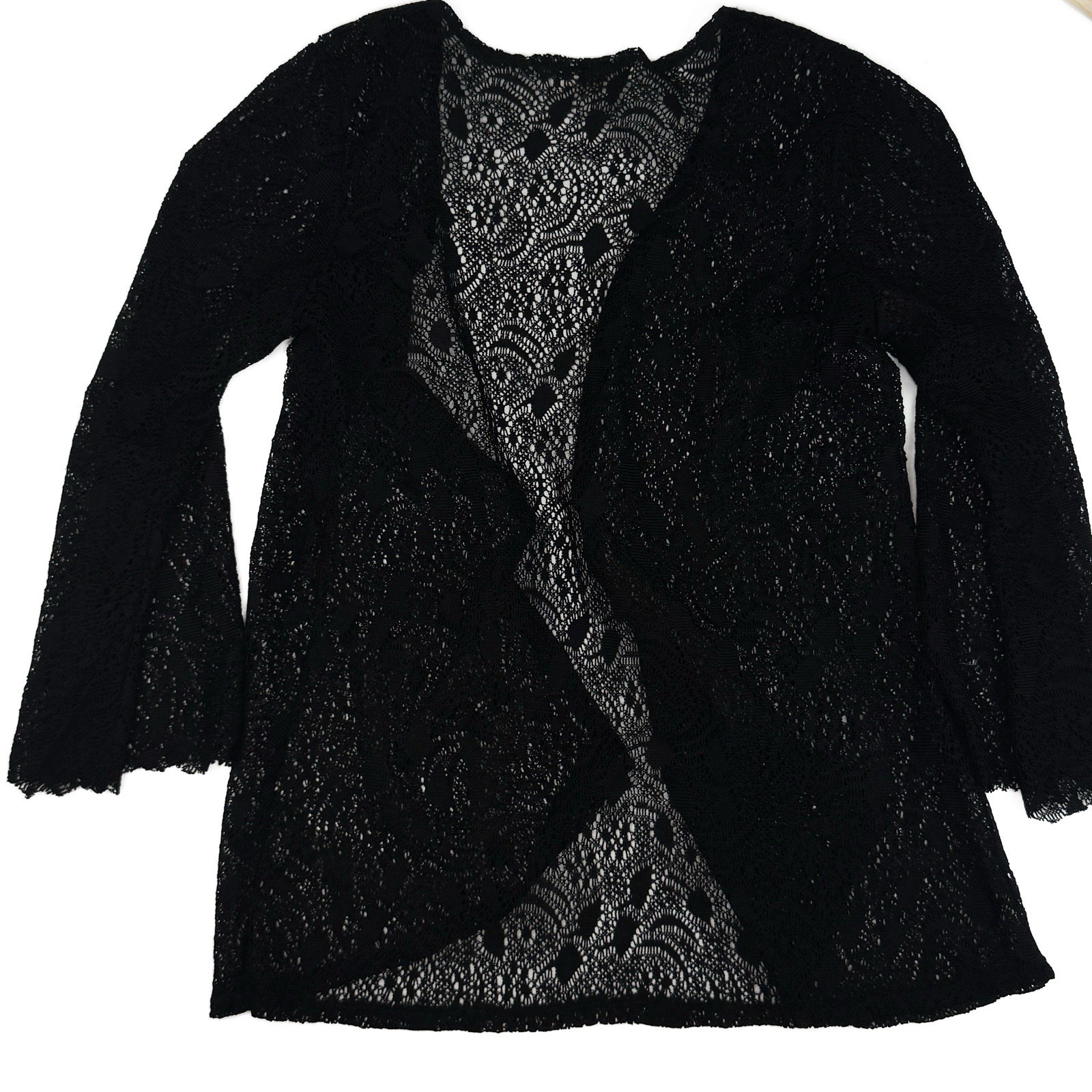 VTG Haute Society Open Front Lace Cardigan Black Long Sleeve Sheer Boho Duster M