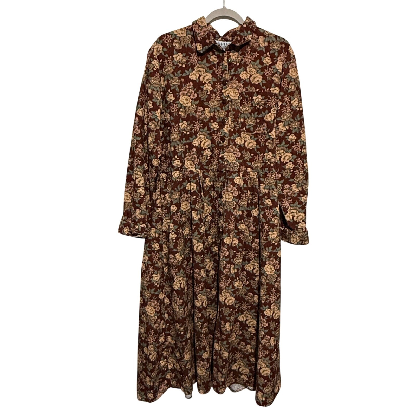 Bedford Fair Vintage Floral Corduroy Maxi Shirt Dress Brown Burgundy Cotton 12