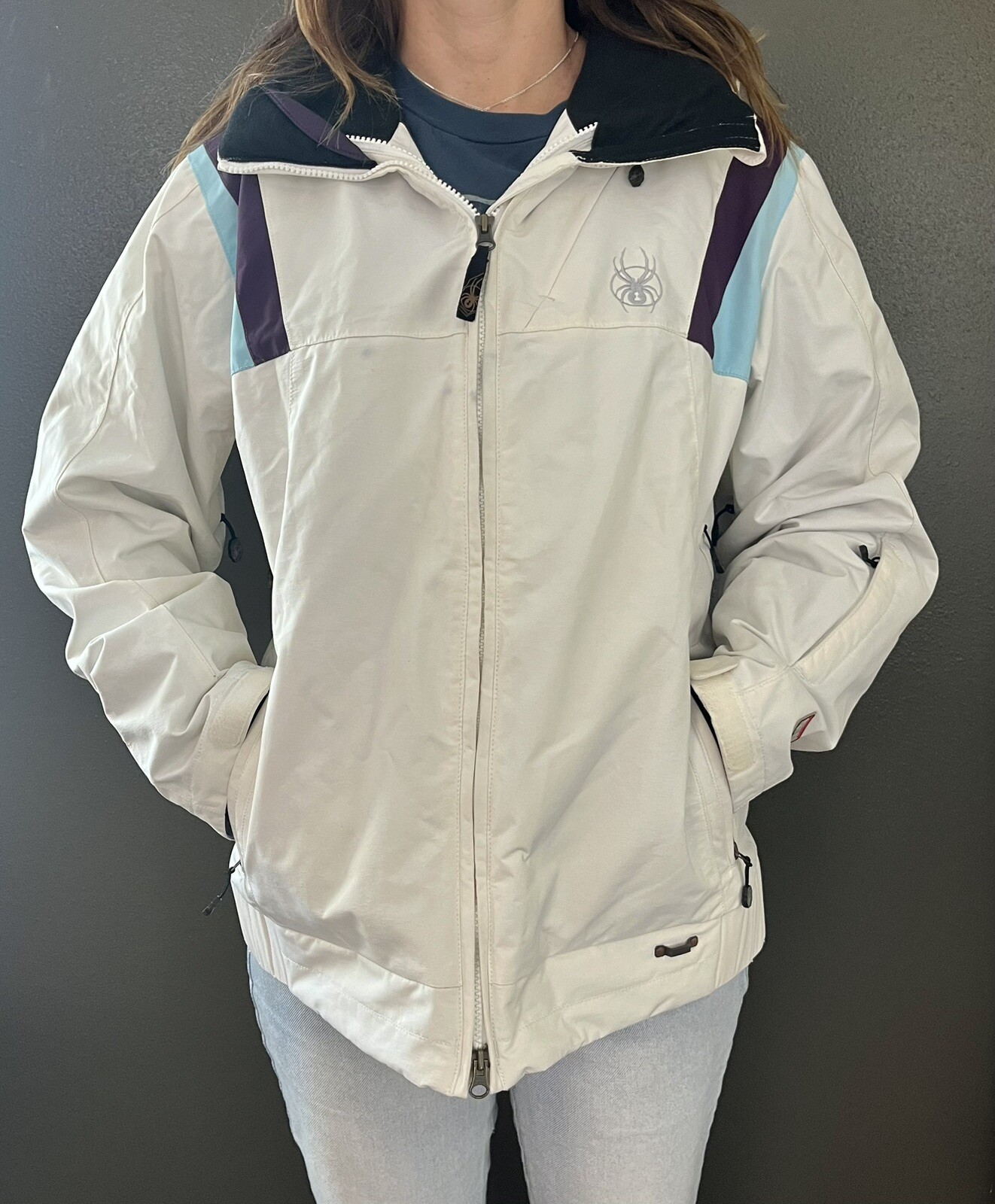 Women’s Retro ’90s Spyder ski Coat Size 12 White Purple Blue Vintage Y2K