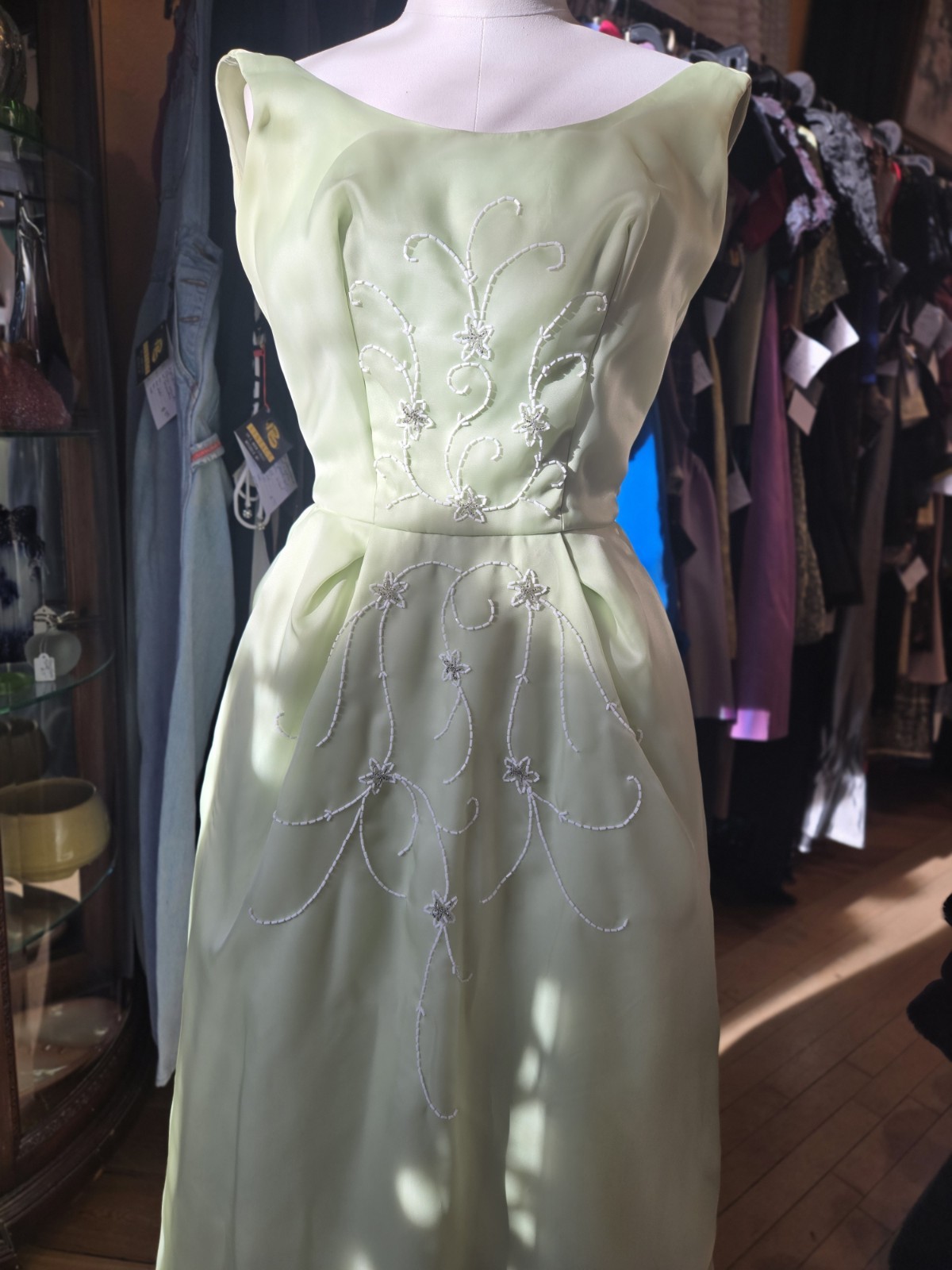 VTG 1960s Princess Pastel Green Organza Sleeveless Maxi Dress Floral Beaded
